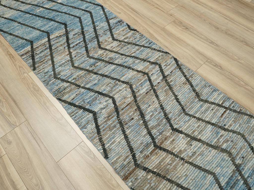 9 Ft Blue Moroccan Runner Rug - Afghan Handmade Wool Rug