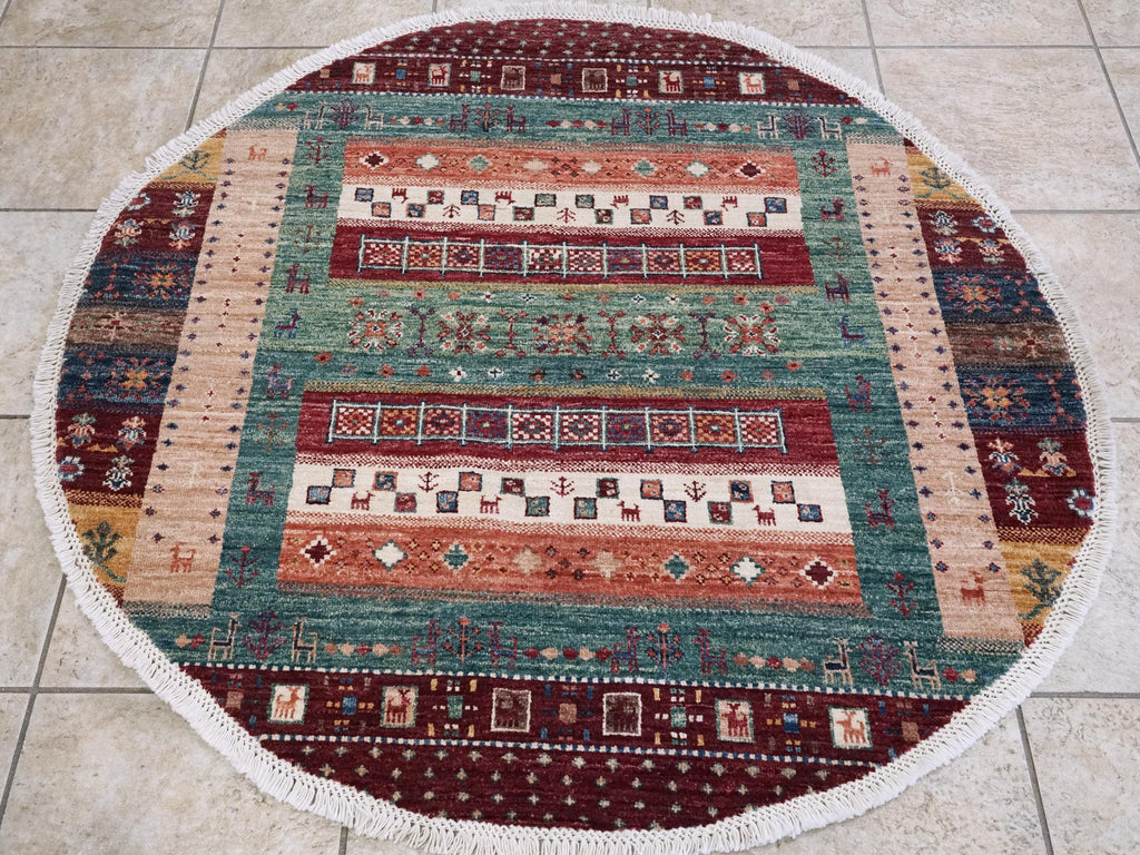 4x4 Ft Colorful Khorjin Rug - Hand Knotted Round Rug - Tribal Design
