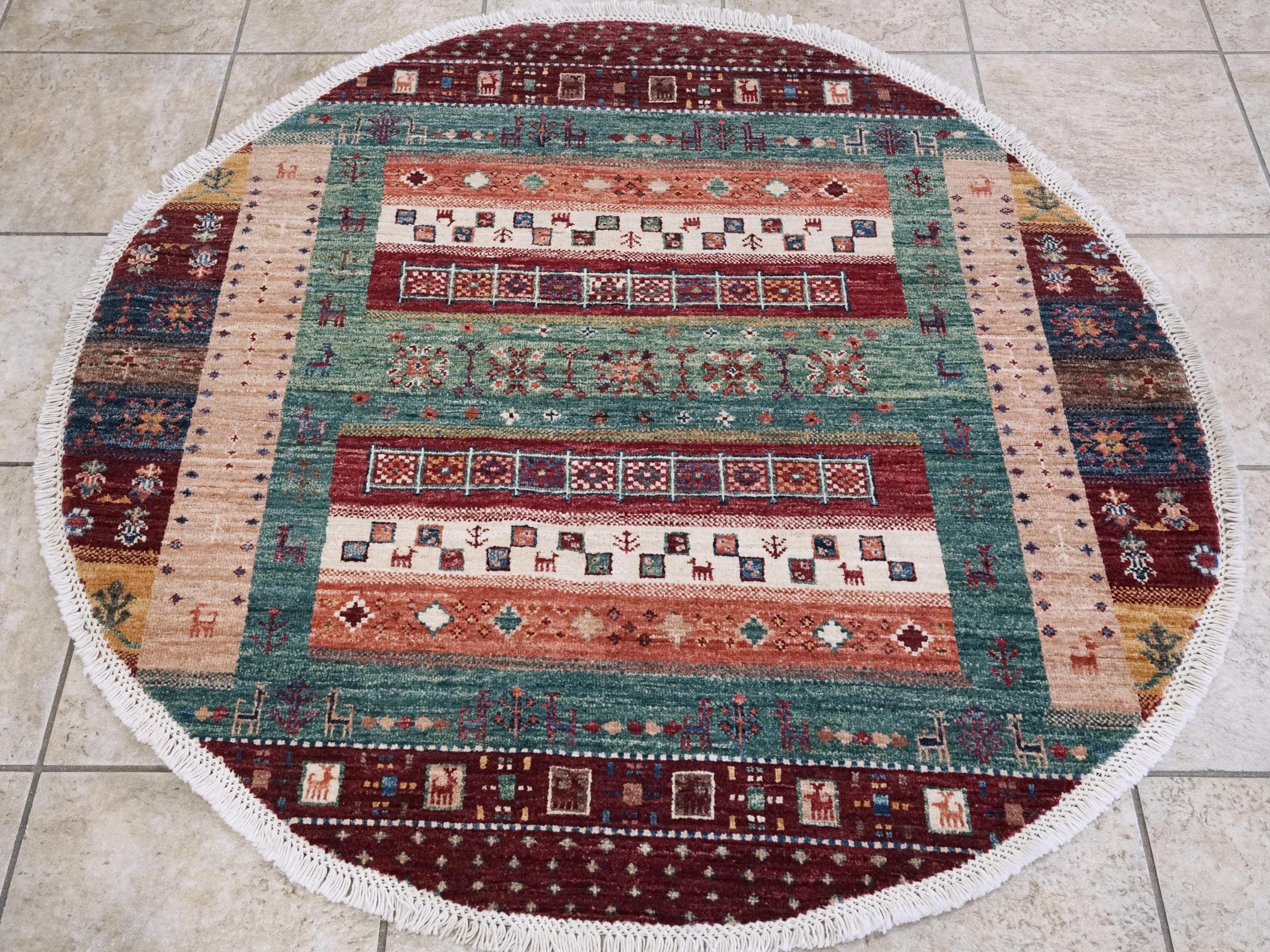 4x4 Ft Colorful Khorjin Rug - Hand Knotted Round Rug - Tribal Design