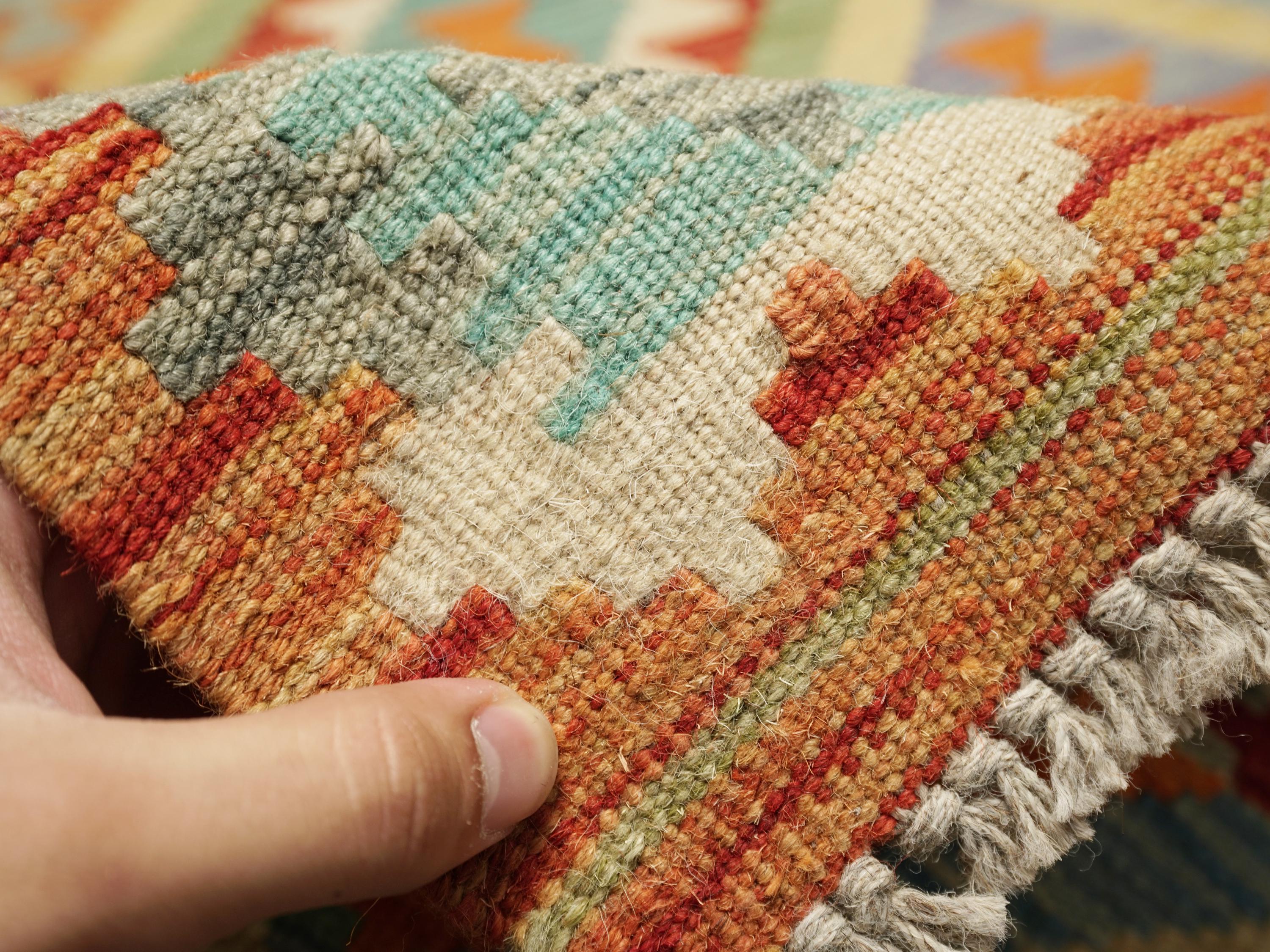 7 Ft Orange Green Kilim Rug  Flat Weave Afghan Runner