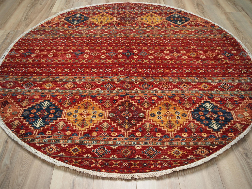 6x6 Ft Red Khorjin Rug - Hand Knotted Round Oriental Rug