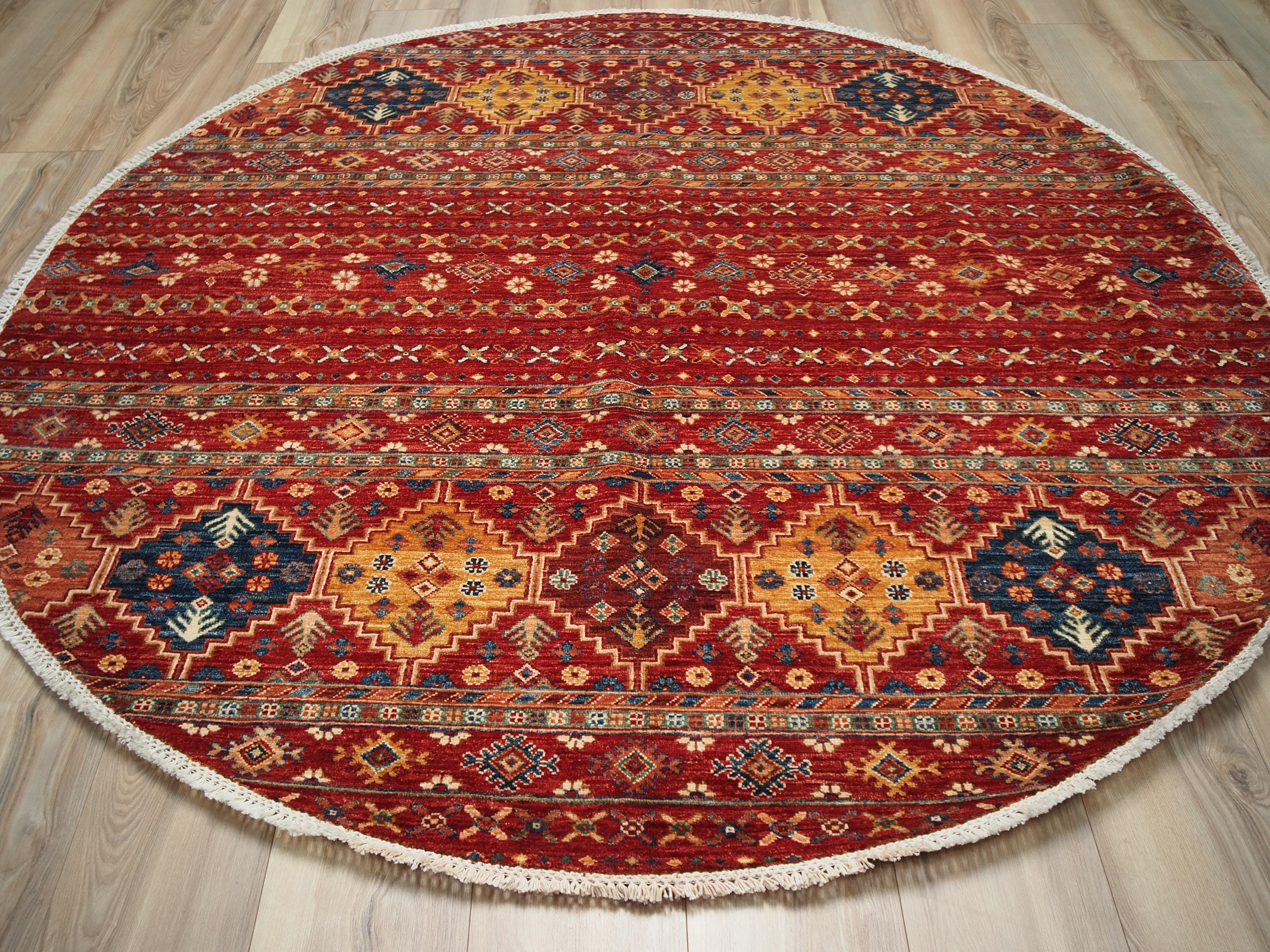 6x6 Ft Red Khorjin Rug - Hand Knotted Round Oriental Rug