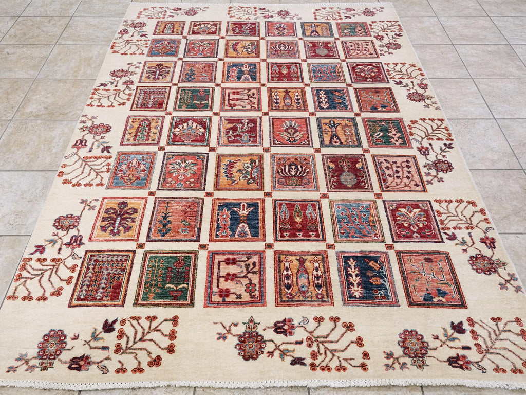 6x8 Ft Beige Serapi Rug - Hand Knotted Oriental Area Rug - Garden Design