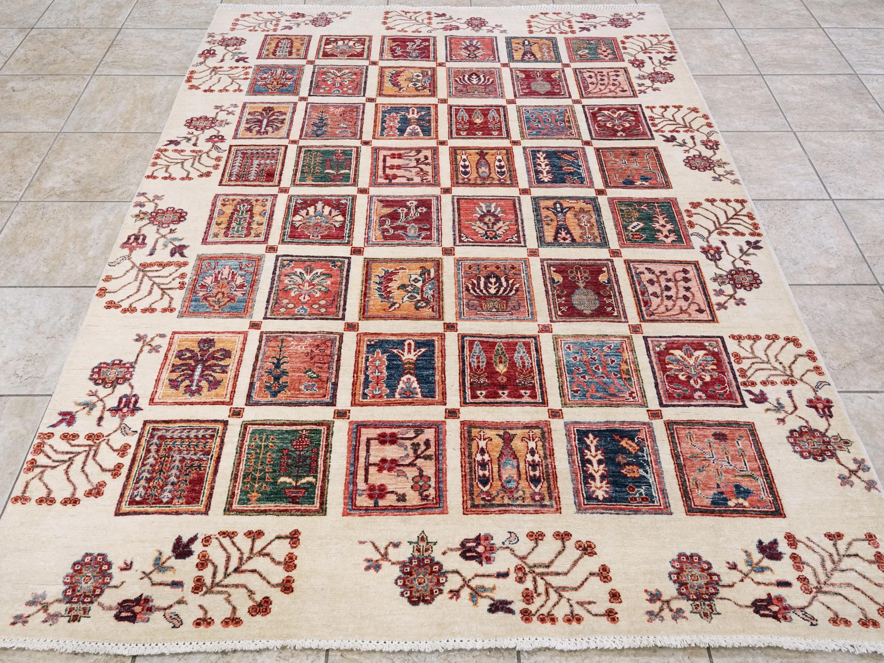 6x8 Ft Beige Serapi Rug - Hand Knotted Oriental Area Rug - Garden Design