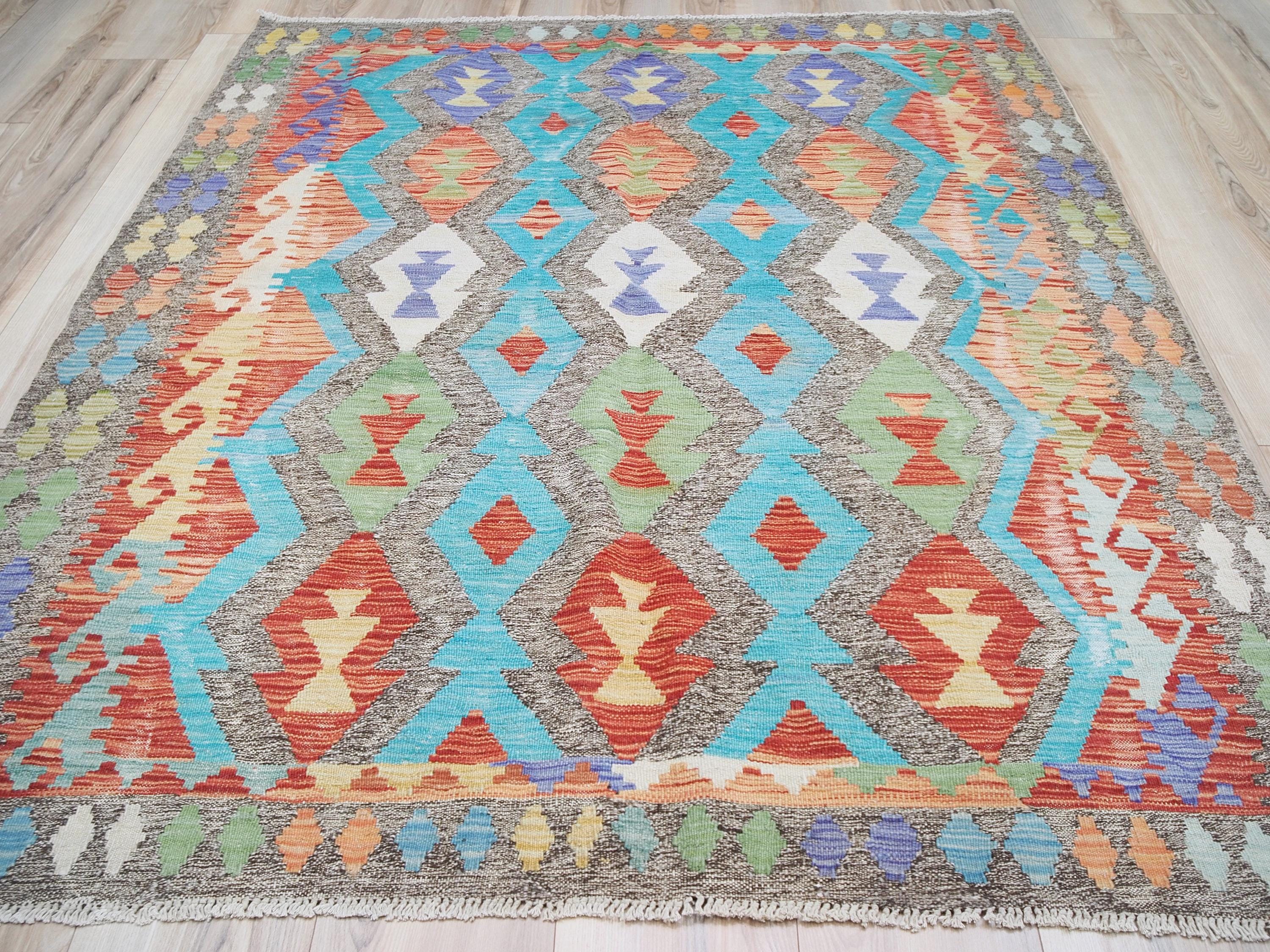 5x6 Ft Cyan Tribal Kilim Rug - Flat Weave Scandinavian Rug