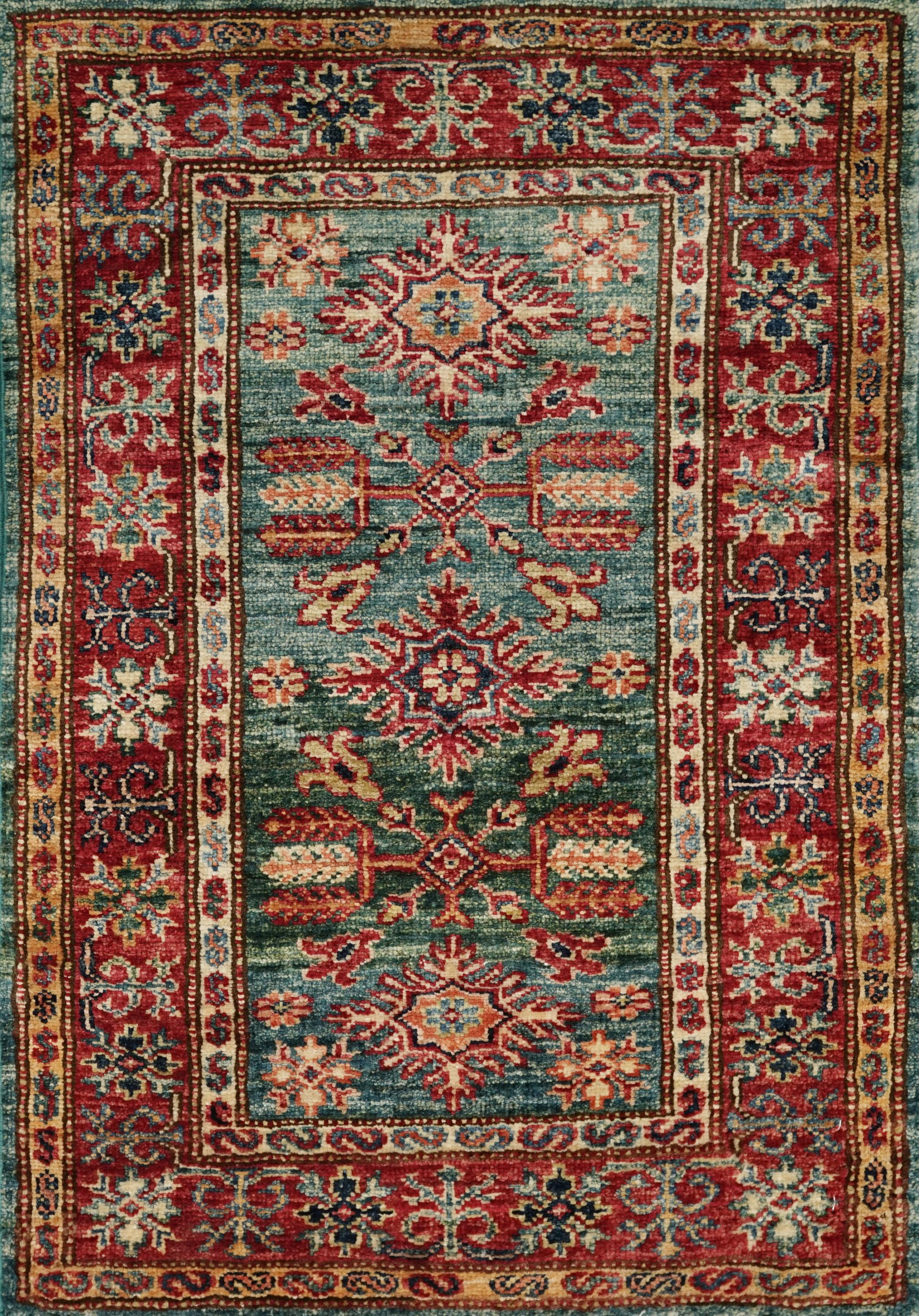 2x3 Ft Green Kazak Rug - Afghan Handmade Area Rug