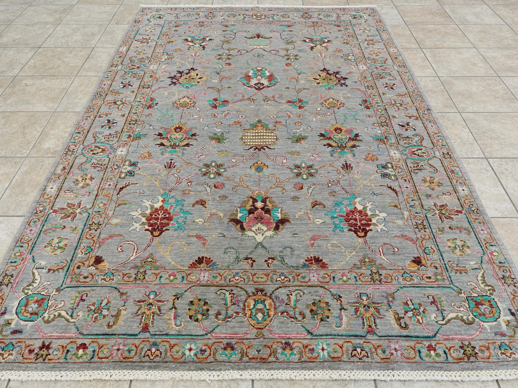 6x8 Ft Gray Wool Serapi Rug - Hand Knotted Floral Oriental Area Rug