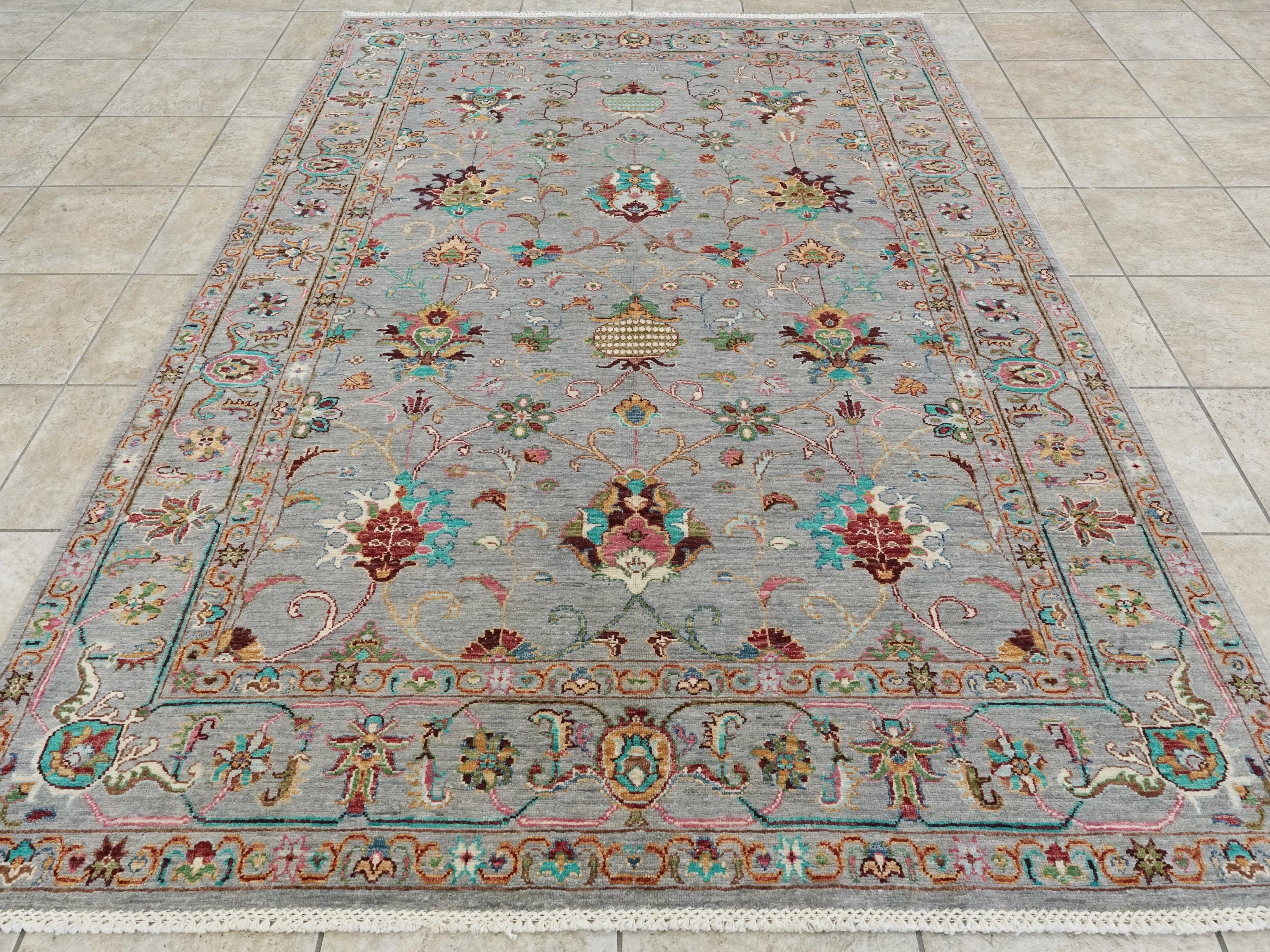 6x8 Ft Gray Wool Serapi Rug - Hand Knotted Floral Oriental Area Rug