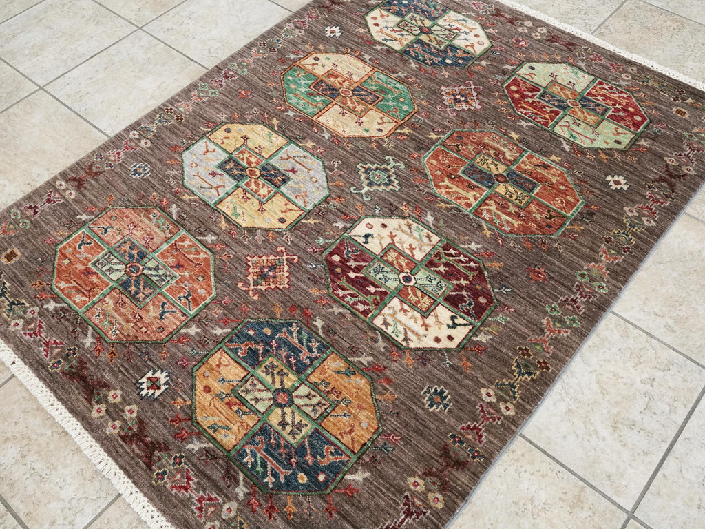 4x5 Ft Brown Ersari Rug - Hand Knotted Oriental Rug - Turkmen Design