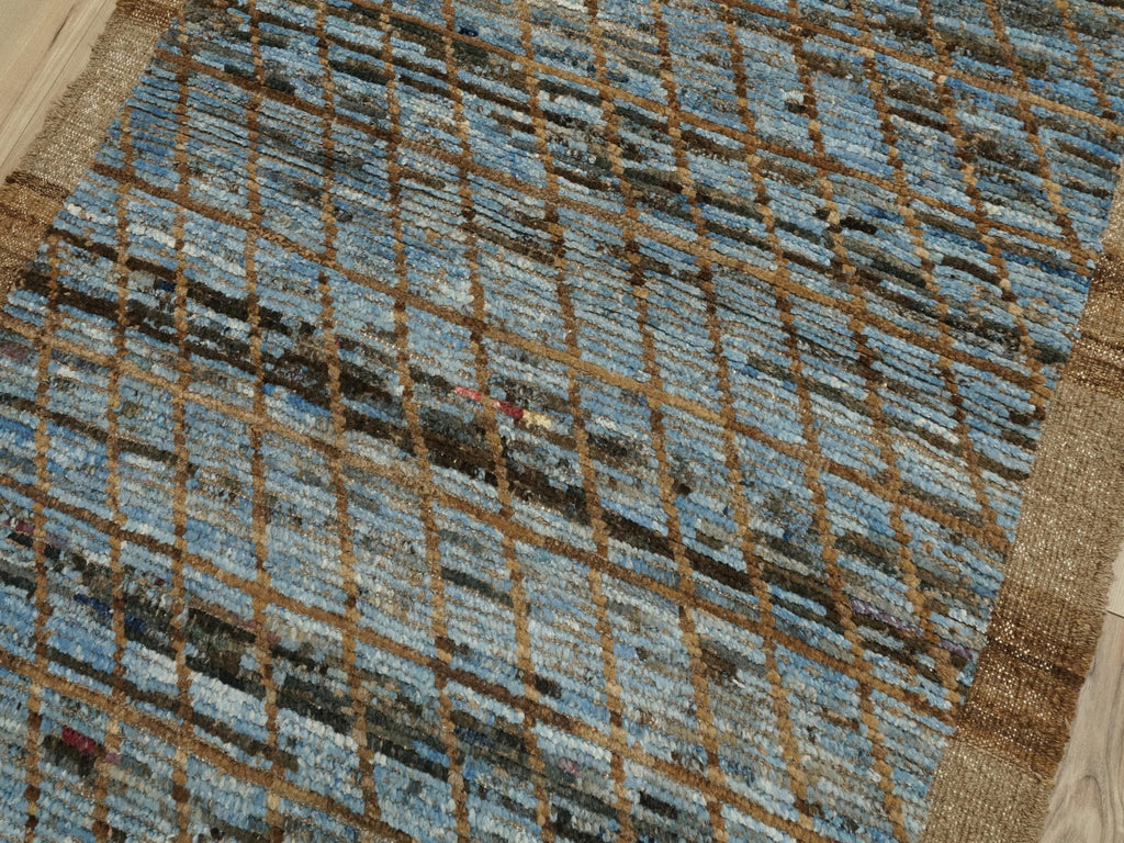 10 Ft Brown & Blue Moroccan Wool Runner Rug: Afghan Handmade Rug