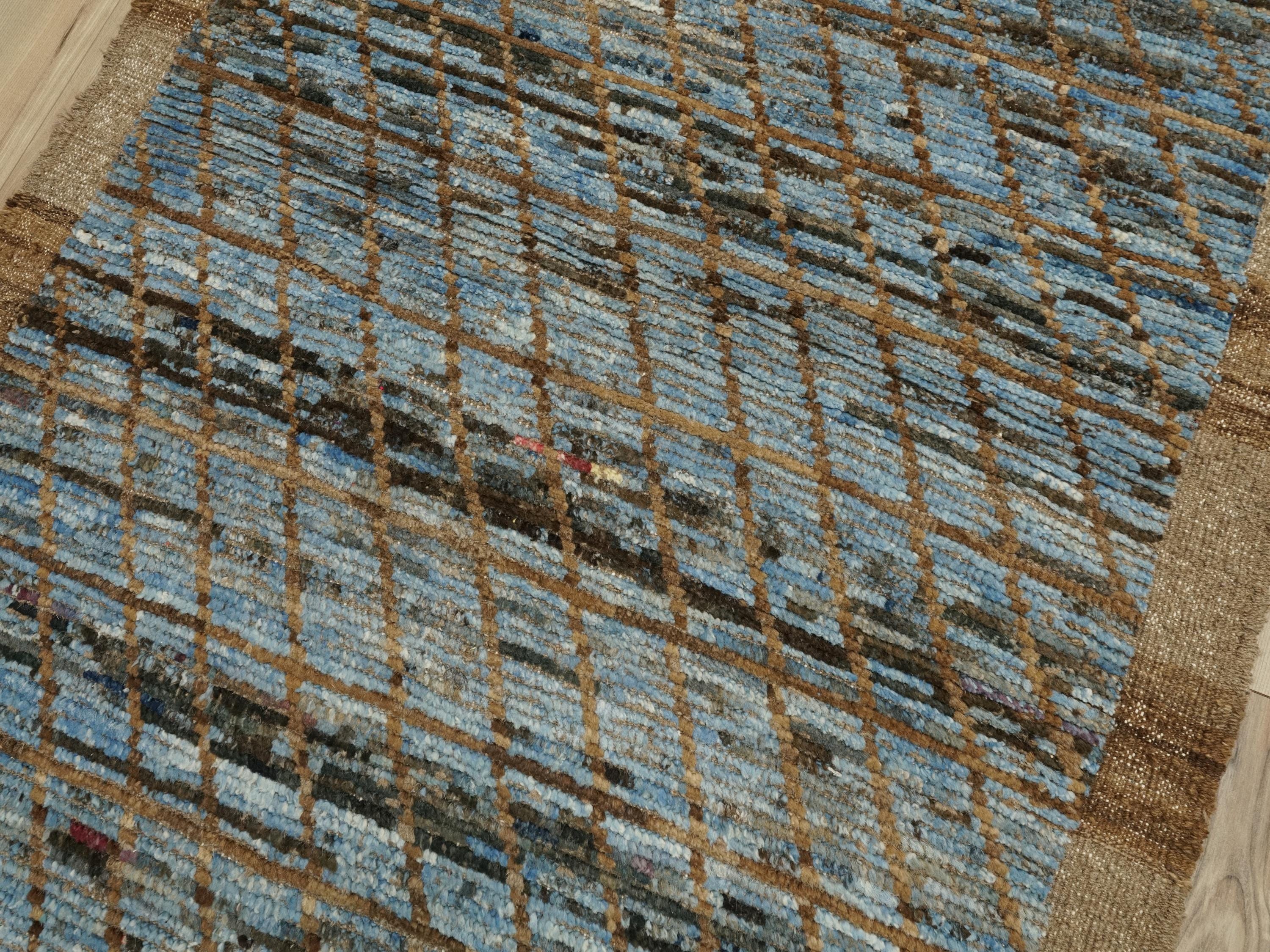 10 Ft Brown & Blue Moroccan Wool Runner Rug: Afghan Handmade Rug