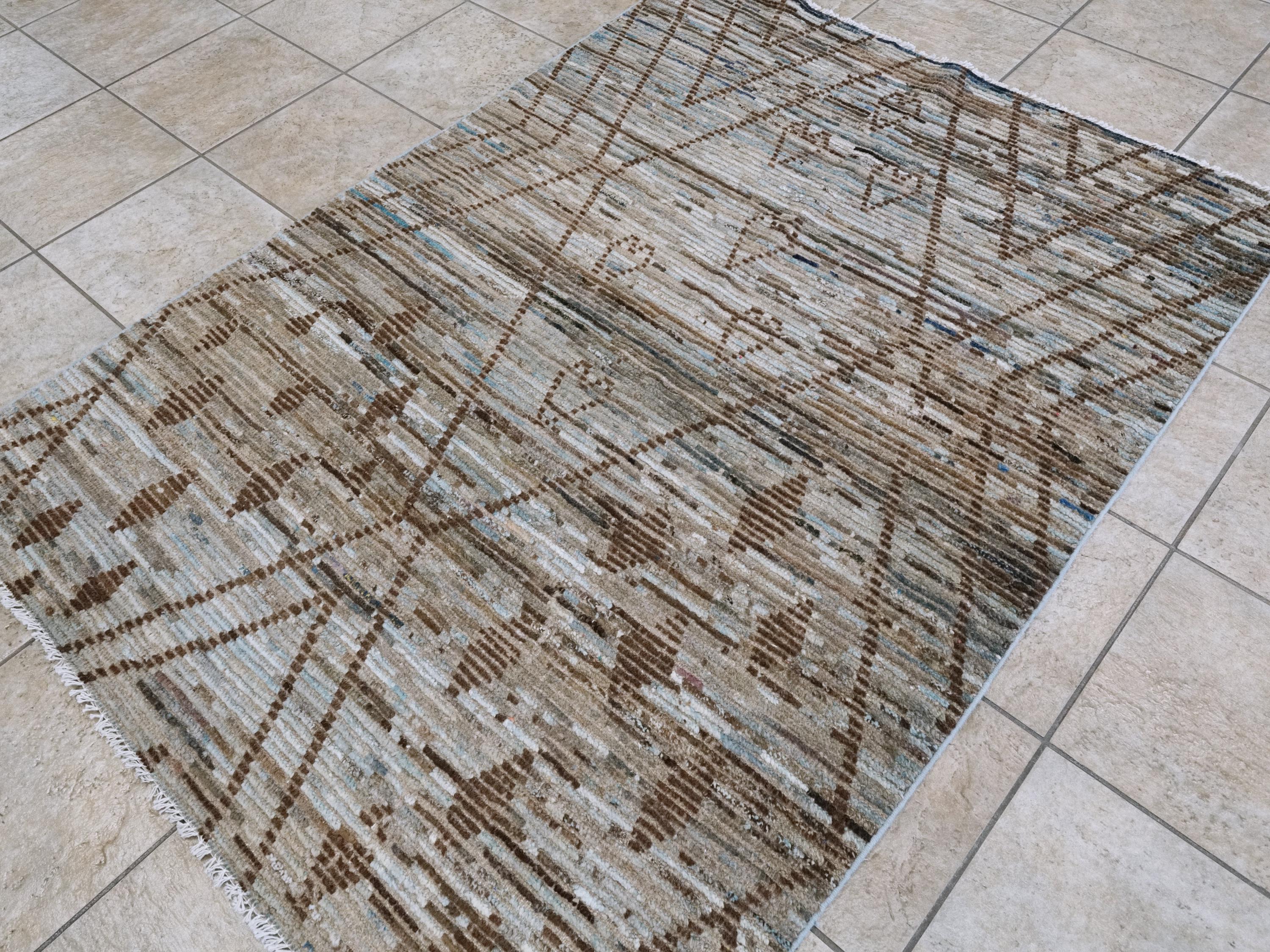 4x6 Ft Blue & Brown Moroccan Rug - Hand Knotted Wool Area Rug