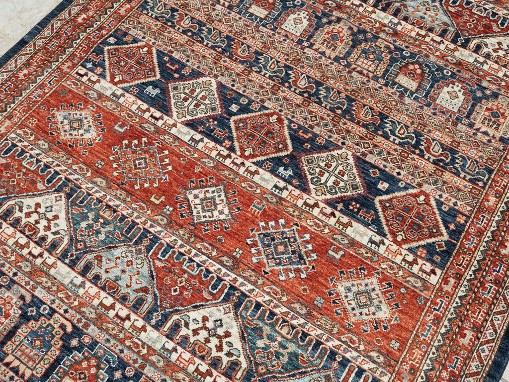5x7 Ft Red & Blue Heriz Rug - Handmade Area Rug - Geometric Design