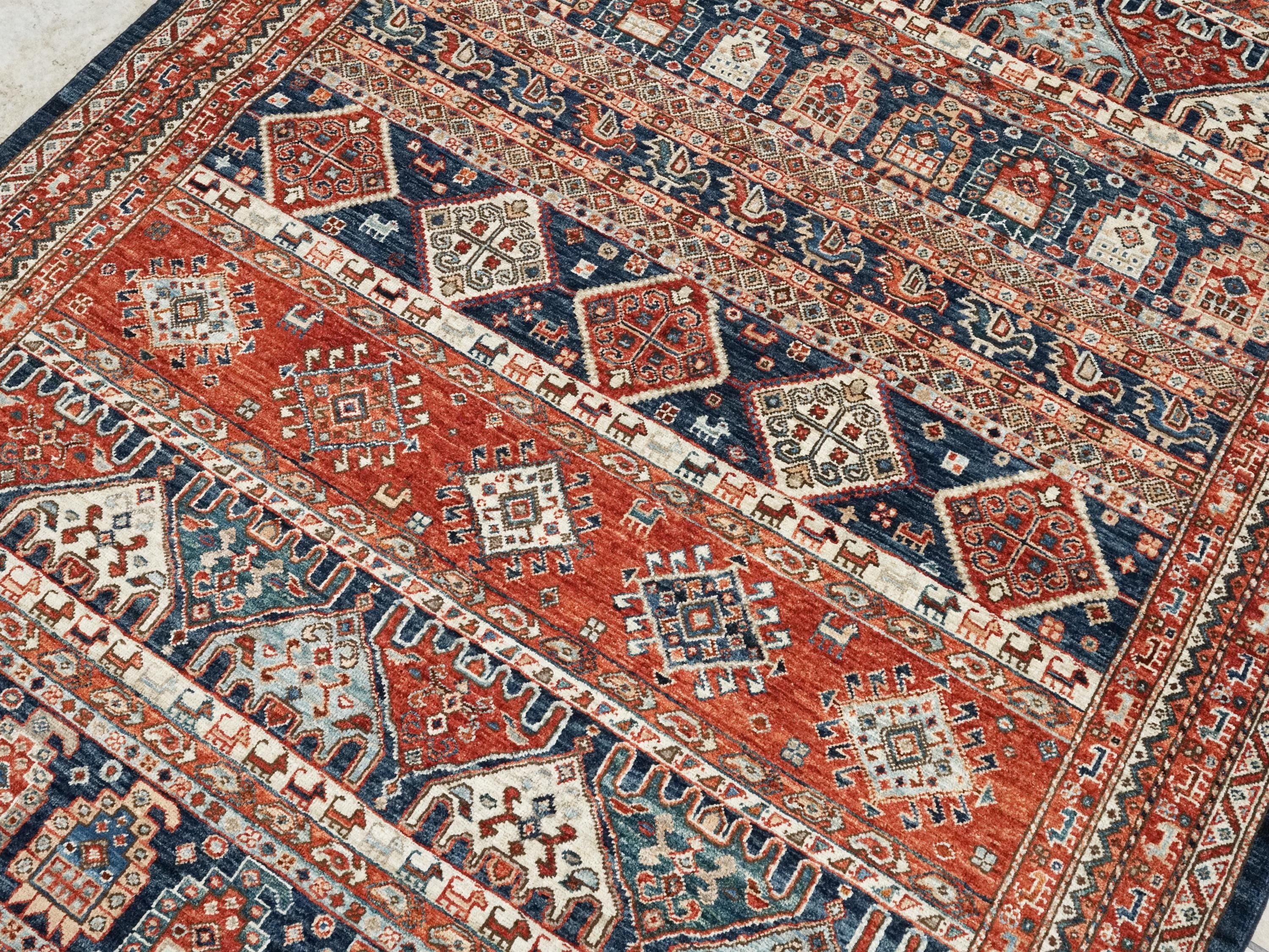 5x7 Ft Red & Blue Heriz Rug - Handmade Area Rug - Geometric Design