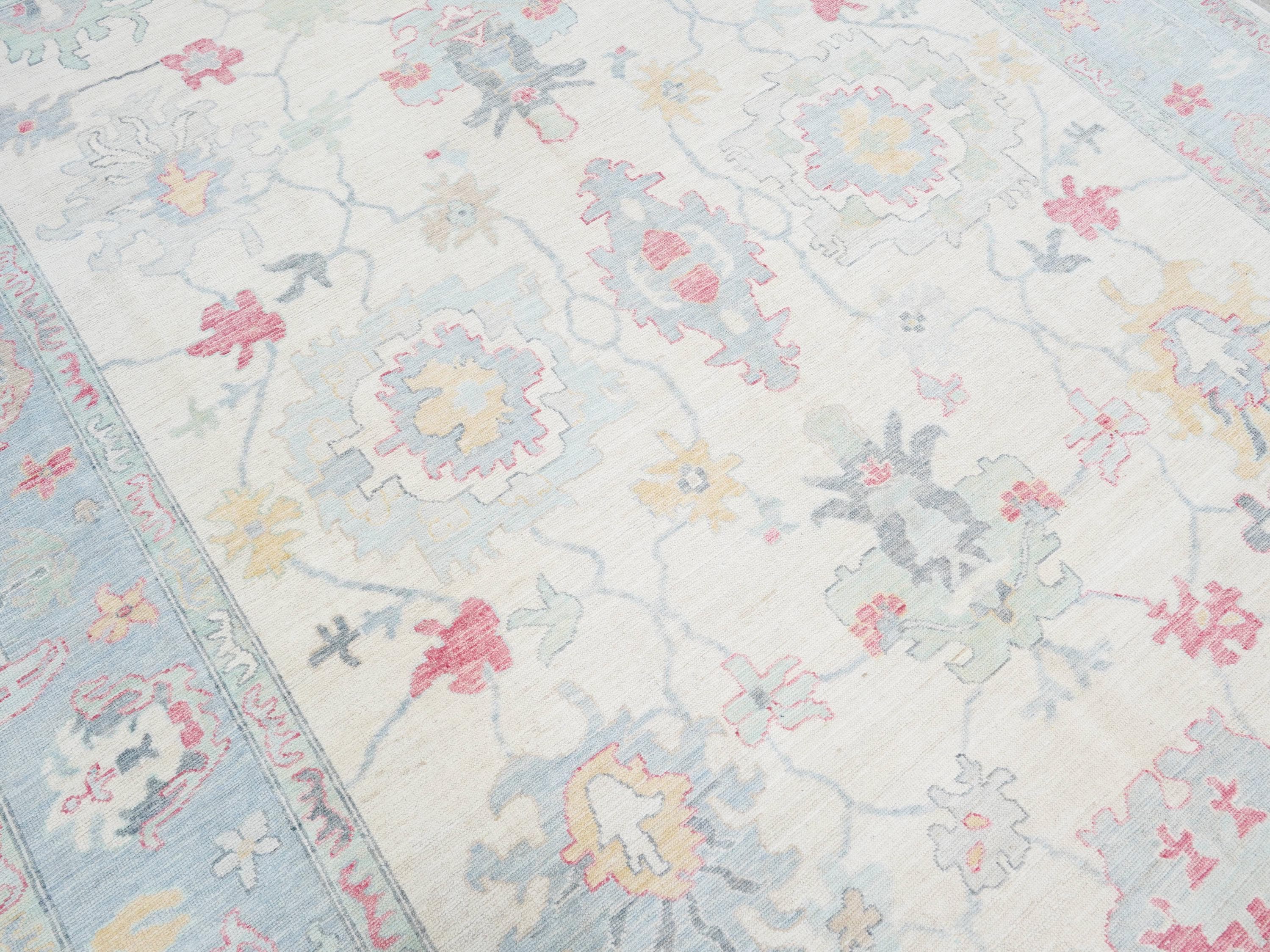 9x12 Ft White Pastel Oushak Rug - Handmade Area Rug - Floral Design