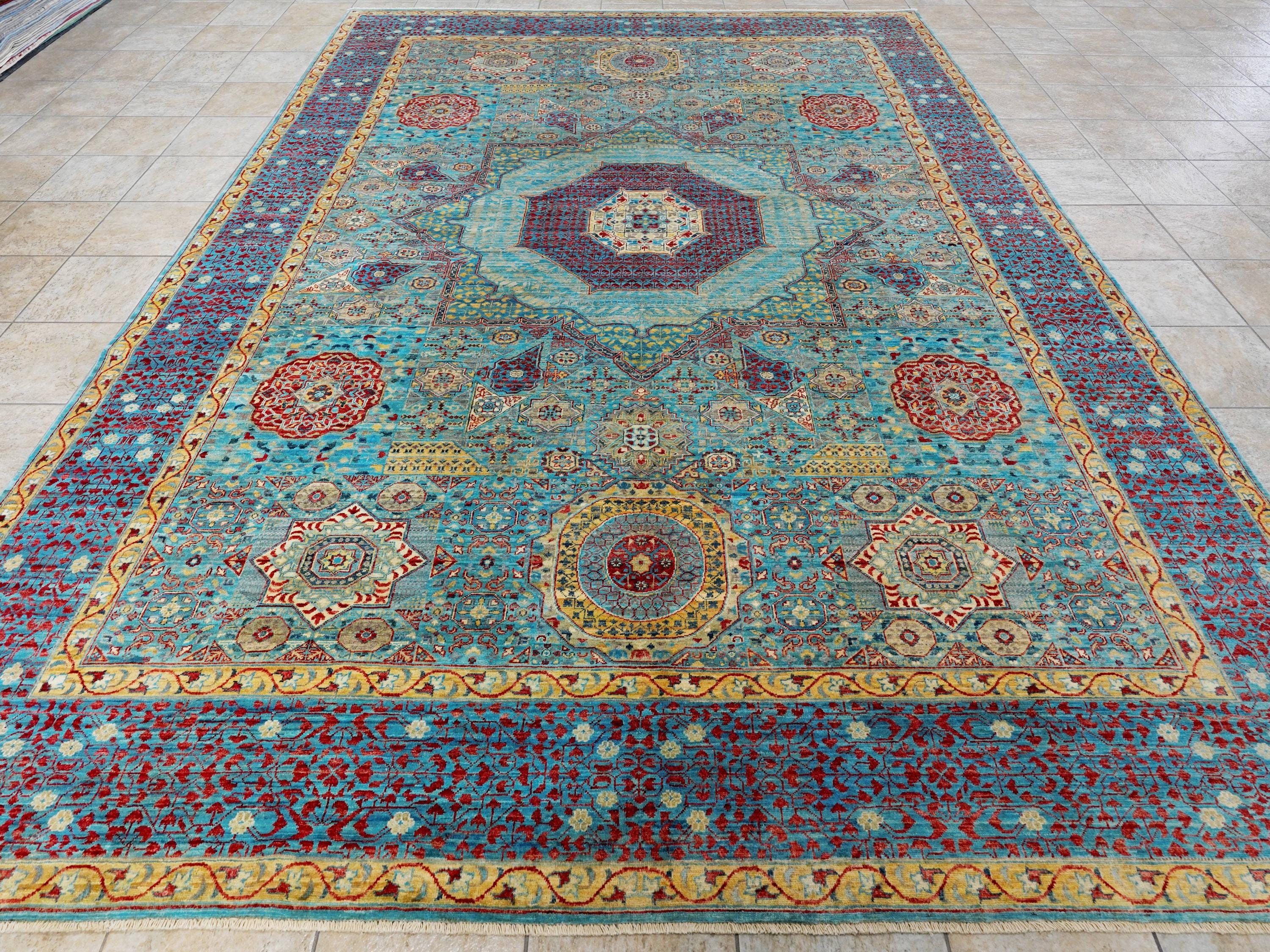 10x14 Ft Light Blue Mamluk Rug - Hand Knotted Afghan Area Rug