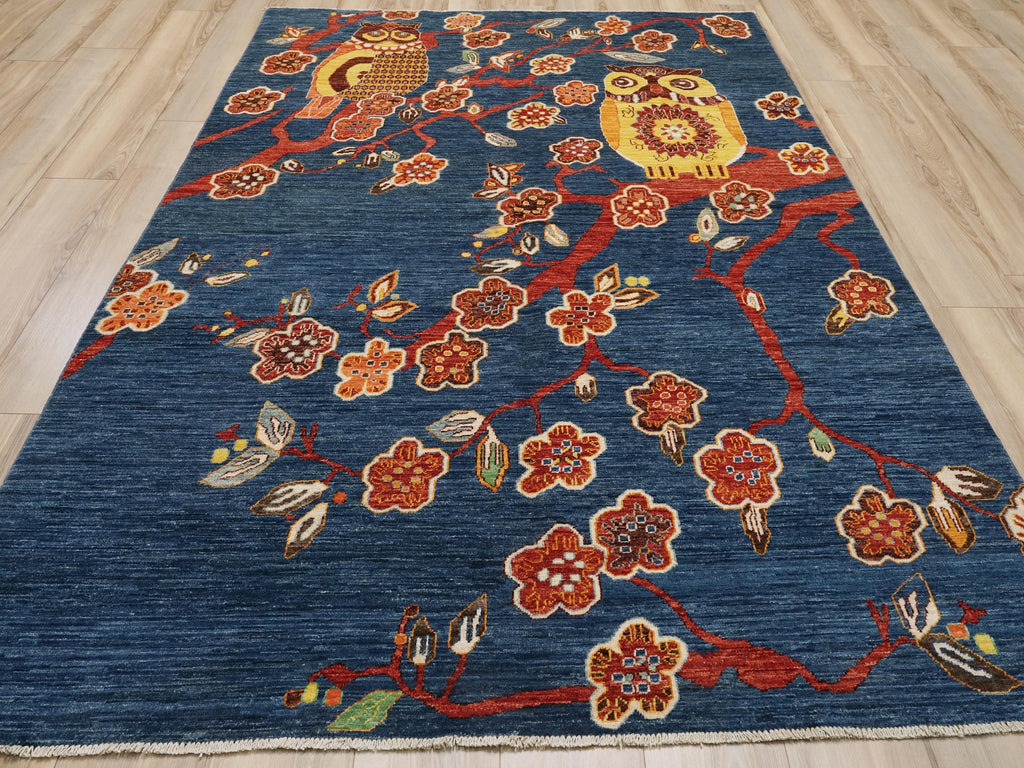 6x9 Ft Blue Owl Rug - Hand Knotted Wool Gabbeh Rug