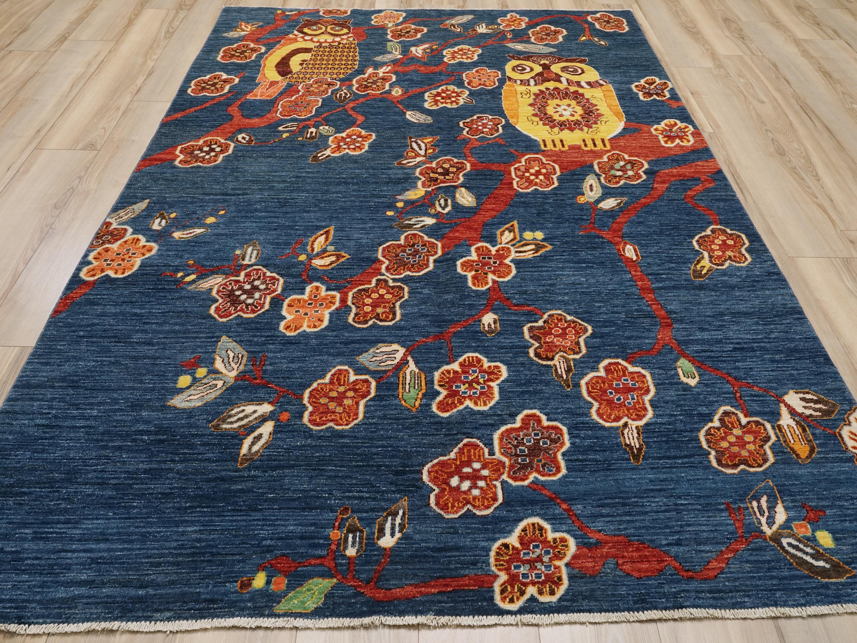 6x9 Ft Blue Owl Rug - Hand Knotted Wool Gabbeh Rug