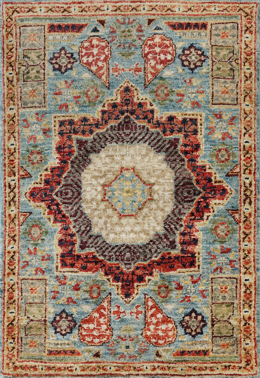 2x3 Ft Hand Knotted Wool Mamluk Rug - Light Blue Oriental Accent Rug