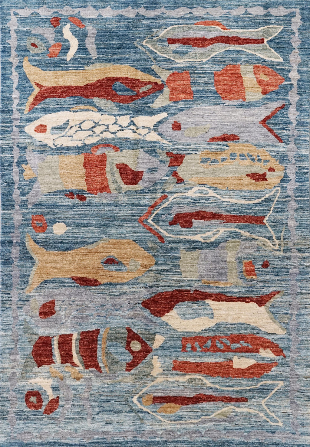 6x9 Ft Blue Fish Rug - Handmade Afghan Wool Rug