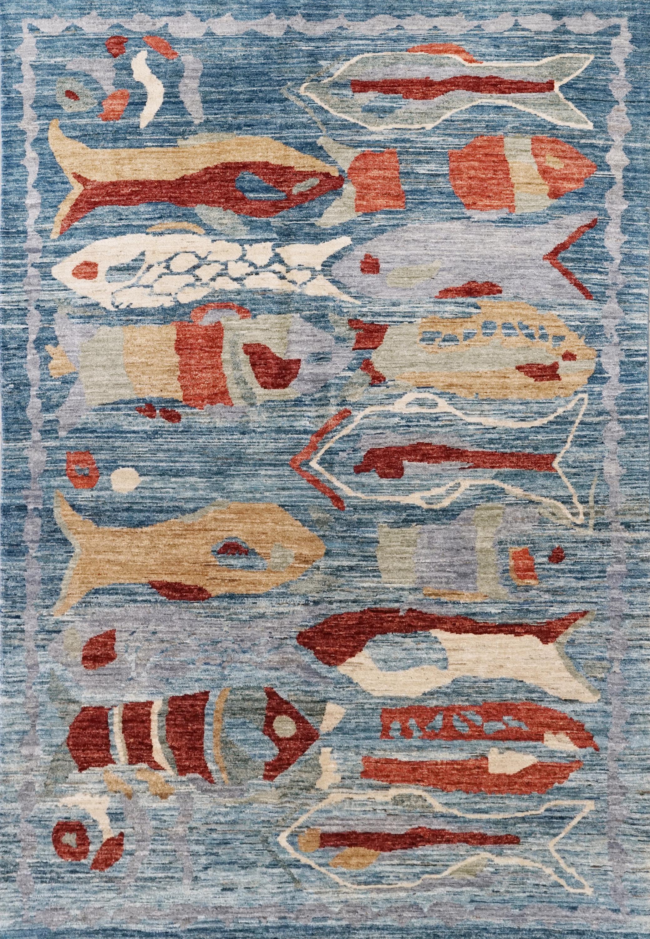 6x9 Ft Blue Fish Rug - Handmade Afghan Wool Rug