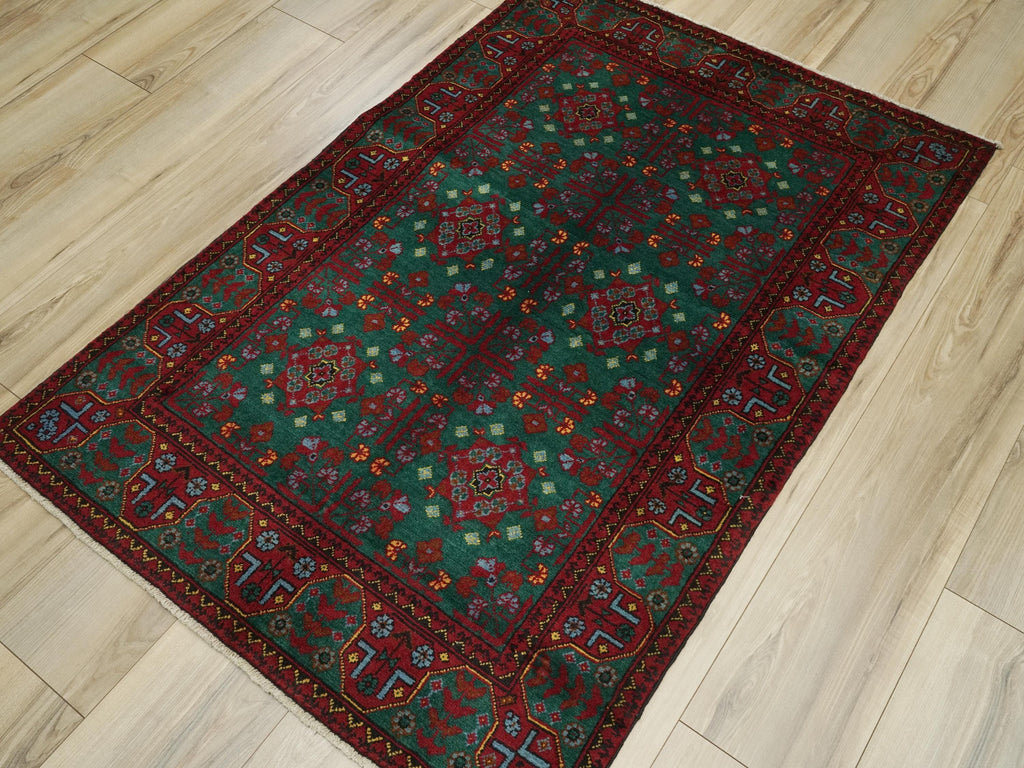 3x5 Ft Green Ersari Rug - Hand Knotted Oriental Area Rug - Turkmen Design