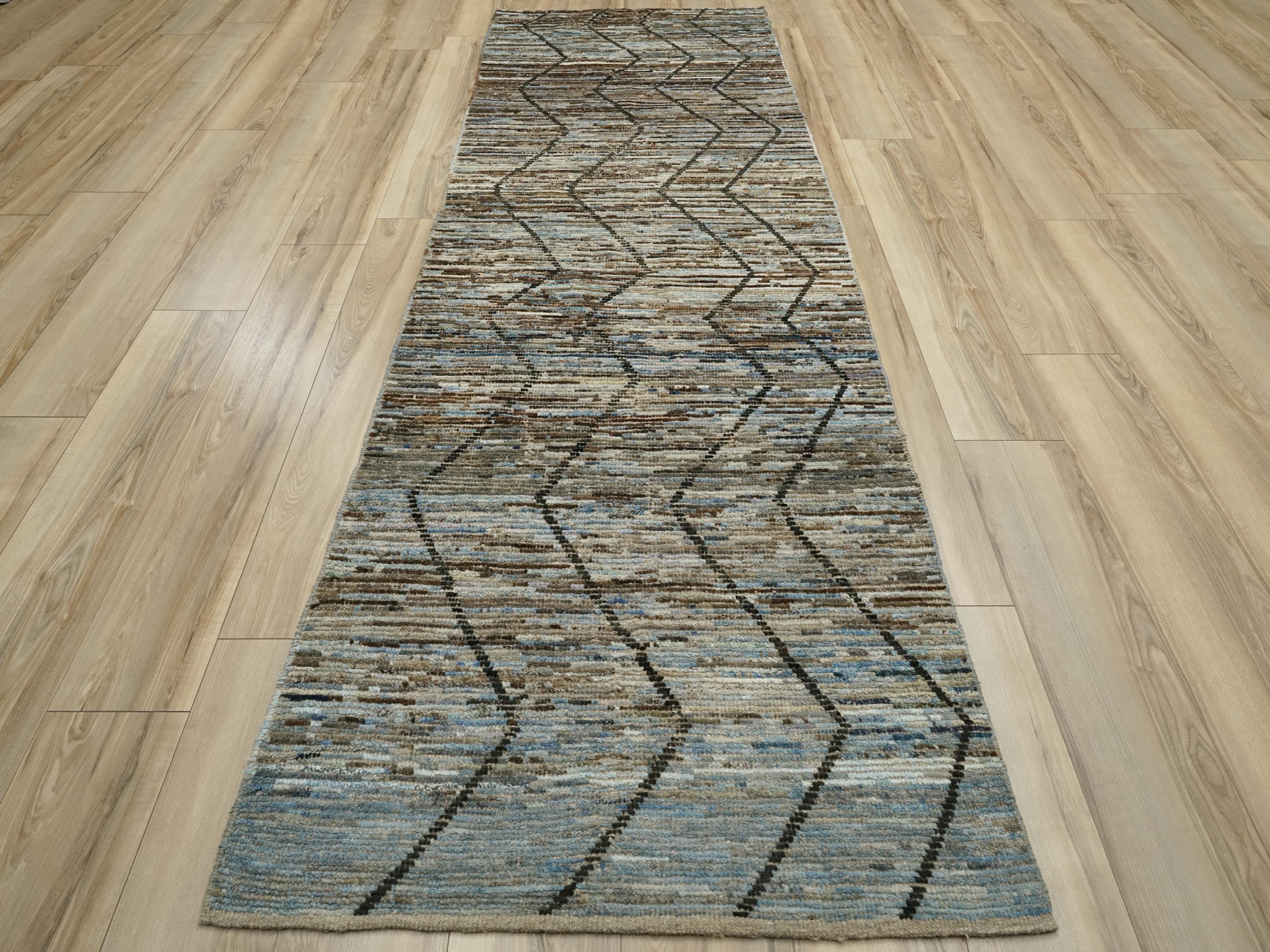 10 Ft Blue Moroccan Runner Rug - Afghan Handmade Wool Hallway Rug