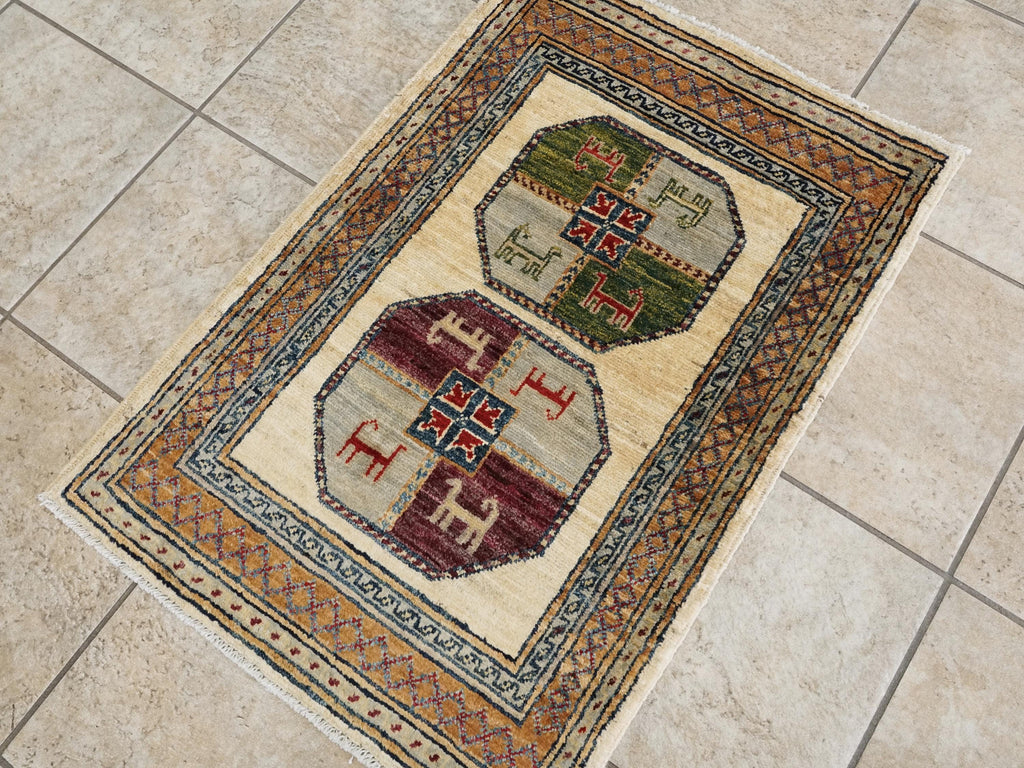 2x3 Ft Handmade Afghan Ersari Wool Rug - Beige Oriental Accent Rug