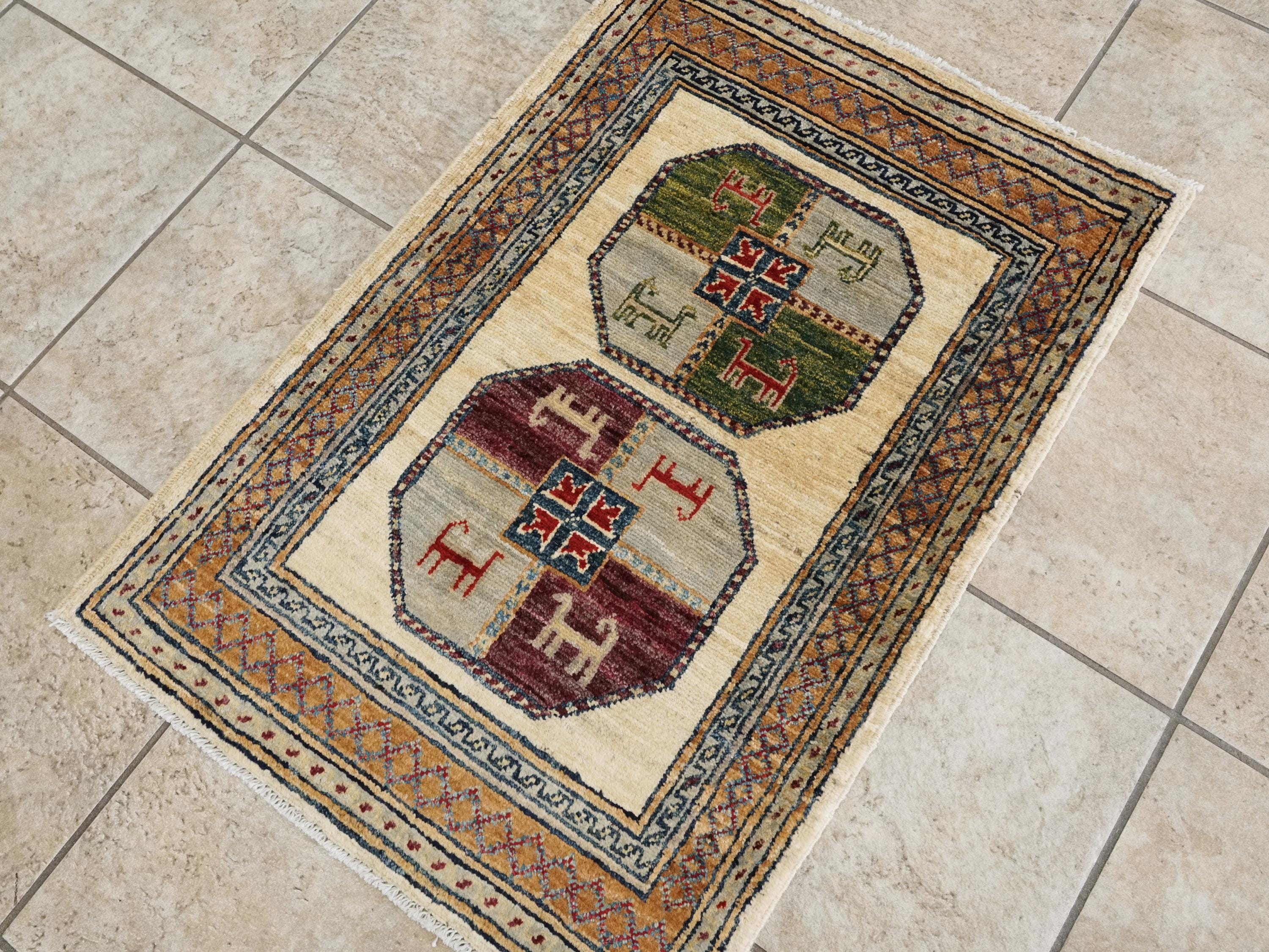 2x3 Ft Handmade Afghan Ersari Wool Rug - Beige Oriental Accent Rug
