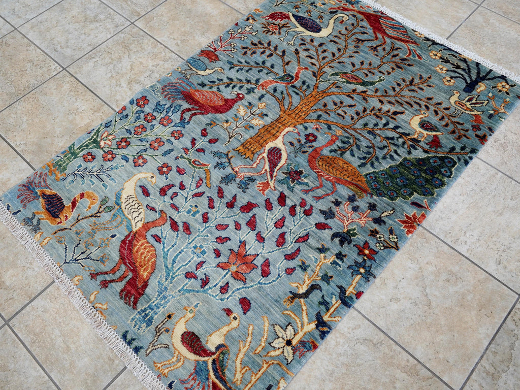 3x5 Ft Light Blue Bird Rug - Handmade Afghan Wool Rug - Floral Design
