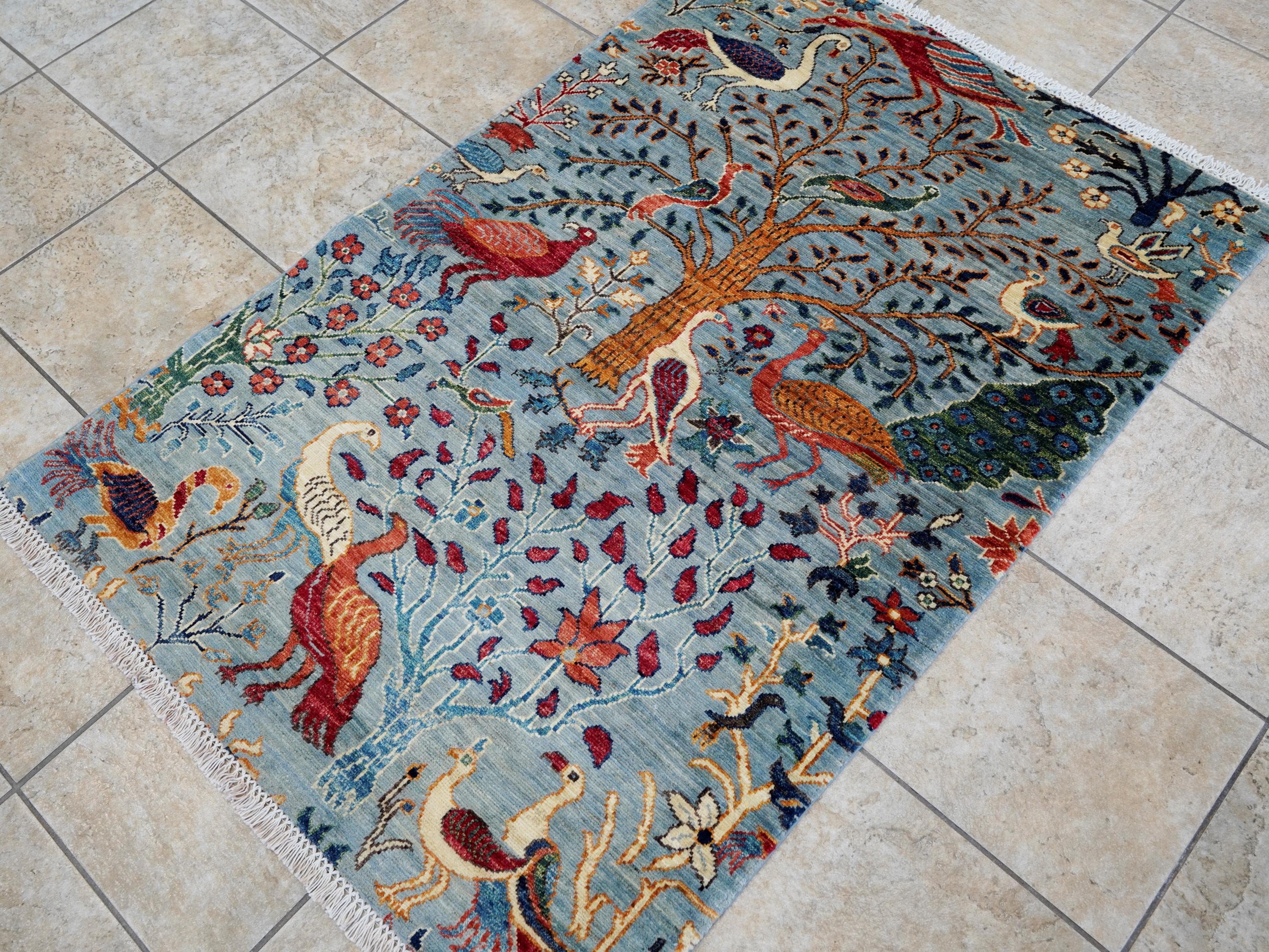 3x5 Ft Light Blue Bird Rug - Handmade Afghan Wool Rug - Floral Design