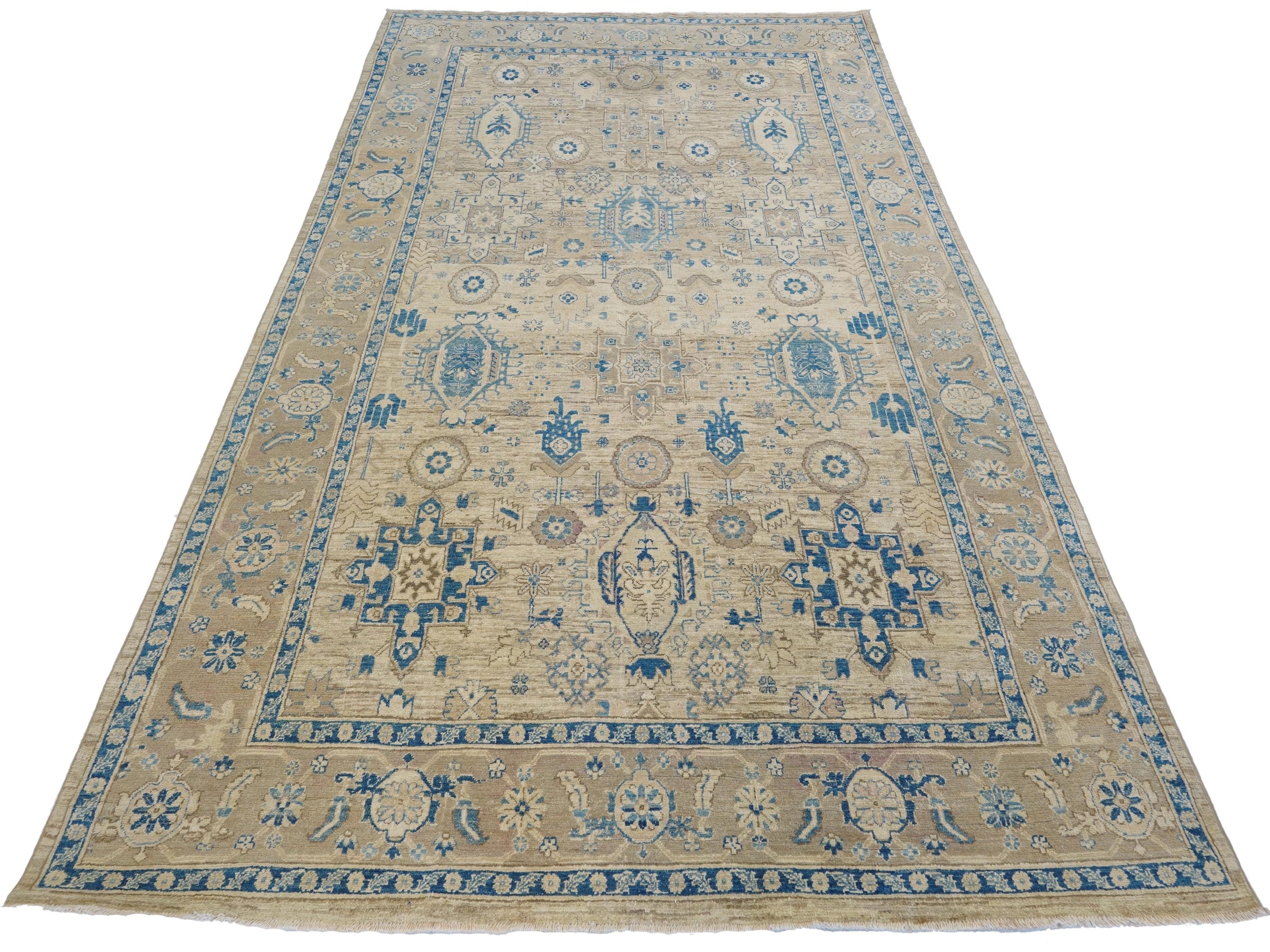 6x10 Ft Antique Heriz Rug - Beige & Blue Persian Rug