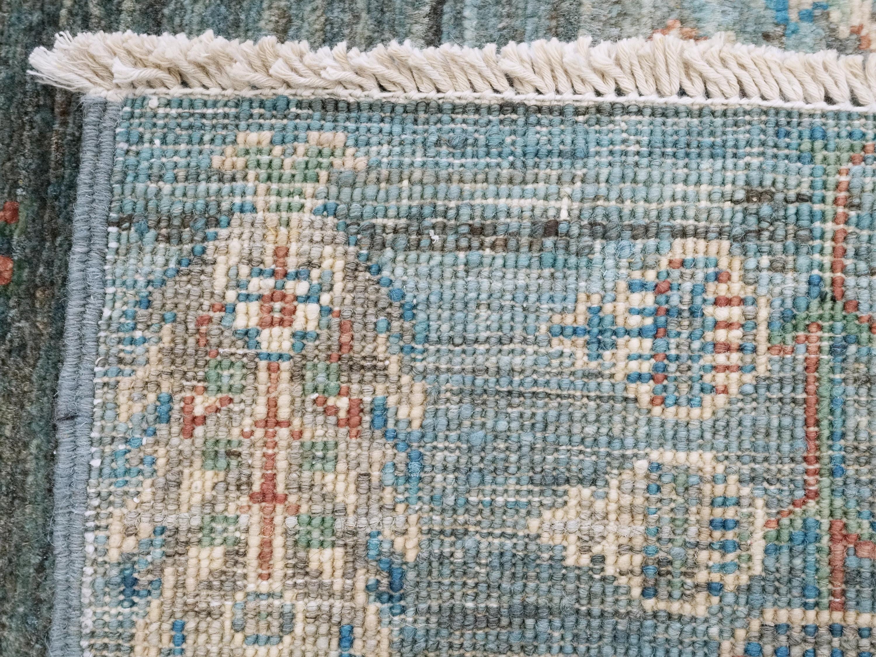 3x3 Ft Cyan Serapi Rug - Hand Knotted Wool Oriental Rug - Floral Design