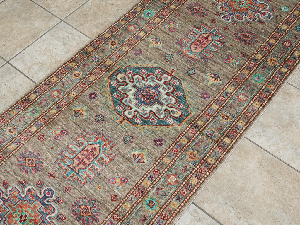 13 Ft Brown Kazak Runner Rug - Afghan Wool Hallway Rug