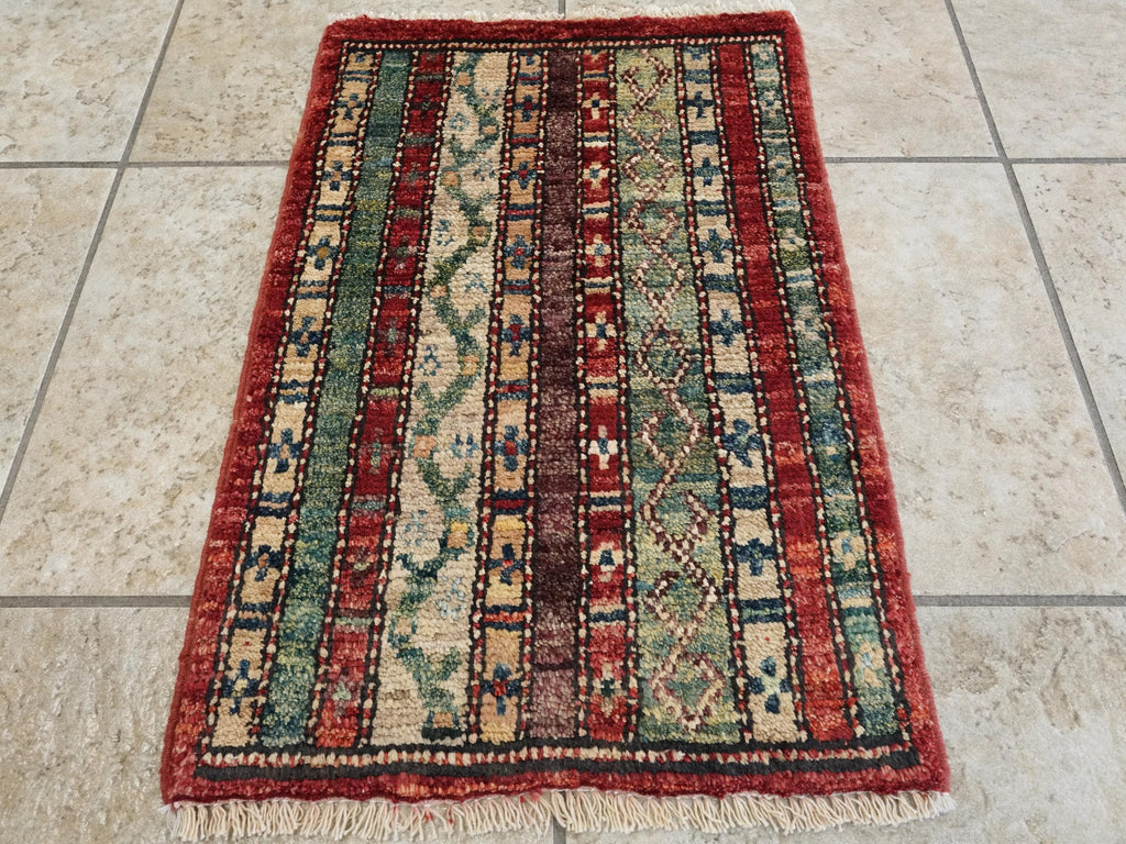 1x2 Ft Hand Knotted Heriz Rug - Red & Green Afghan Wool