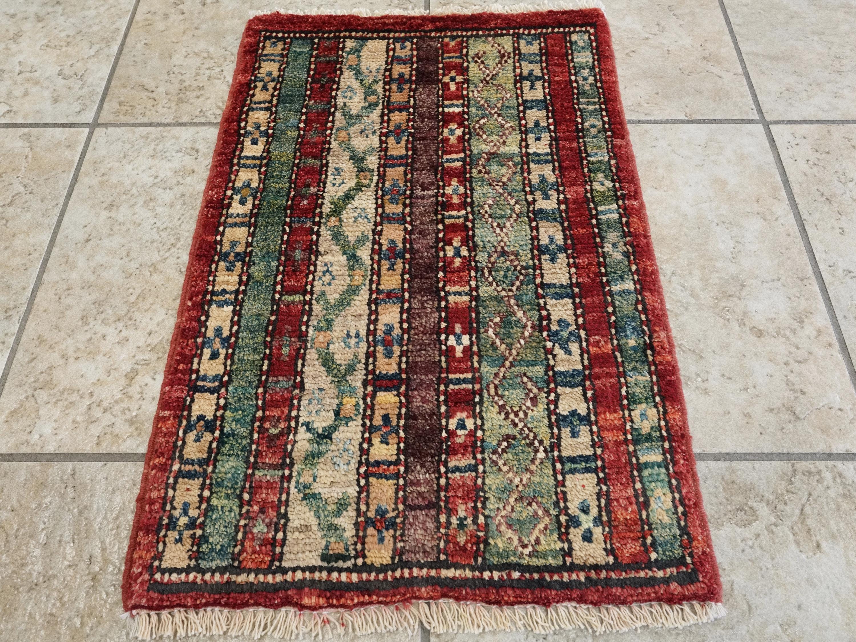 1x2 Ft Hand Knotted Heriz Rug - Red & Green Afghan Wool