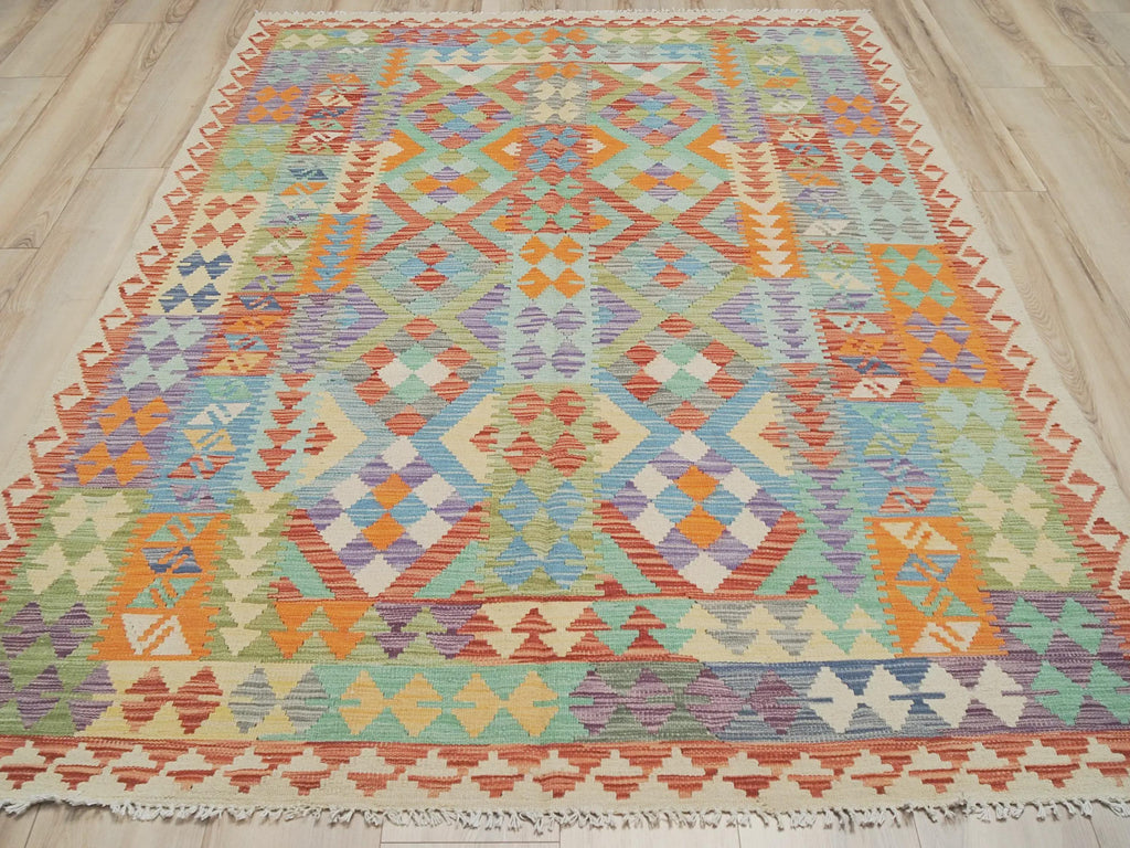5x8 Ft Ghazni Wool Kilim Rug - Colorful Flat Weave Tribal Design