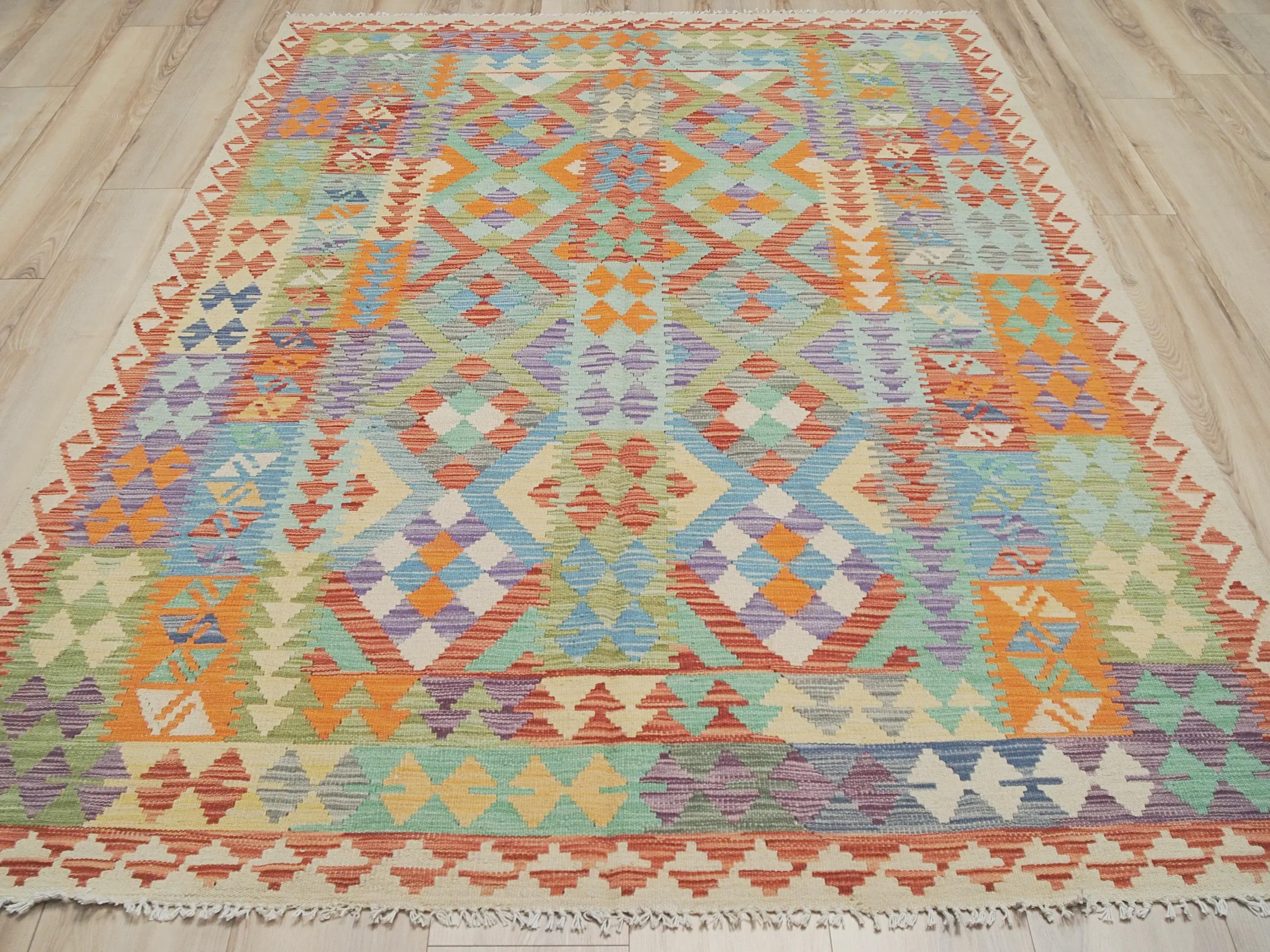 5x8 Ft Ghazni Wool Kilim Rug - Colorful Flat Weave Tribal Design
