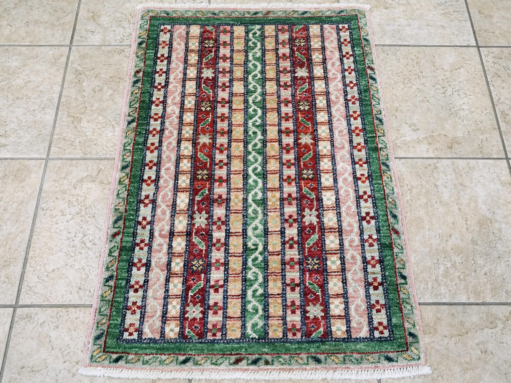 2x3 Ft Green & Pink Khorjin Rug - Afghan Wool Accent Rug