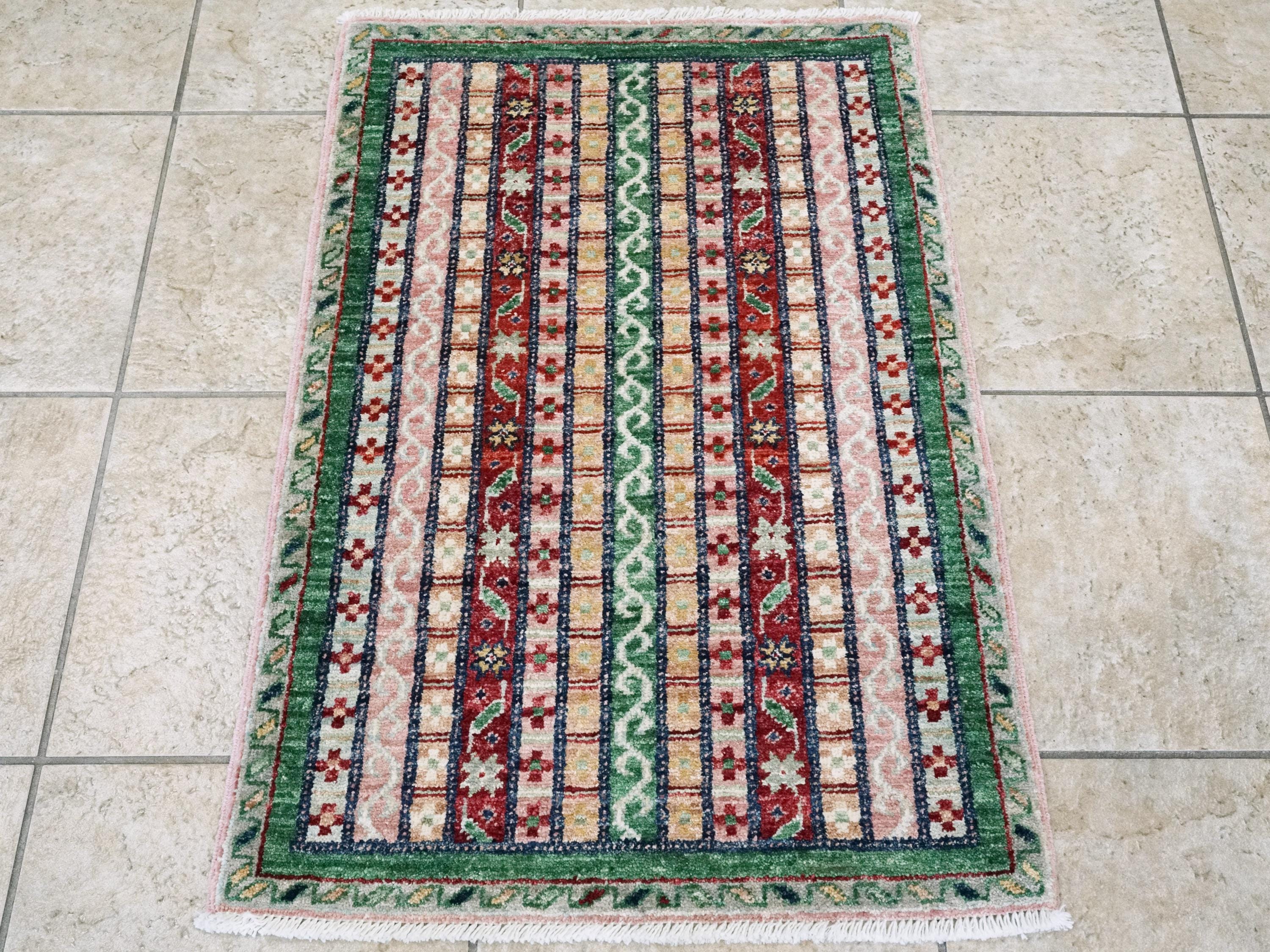 2x3 Ft Green & Pink Khorjin Rug - Afghan Wool Accent Rug