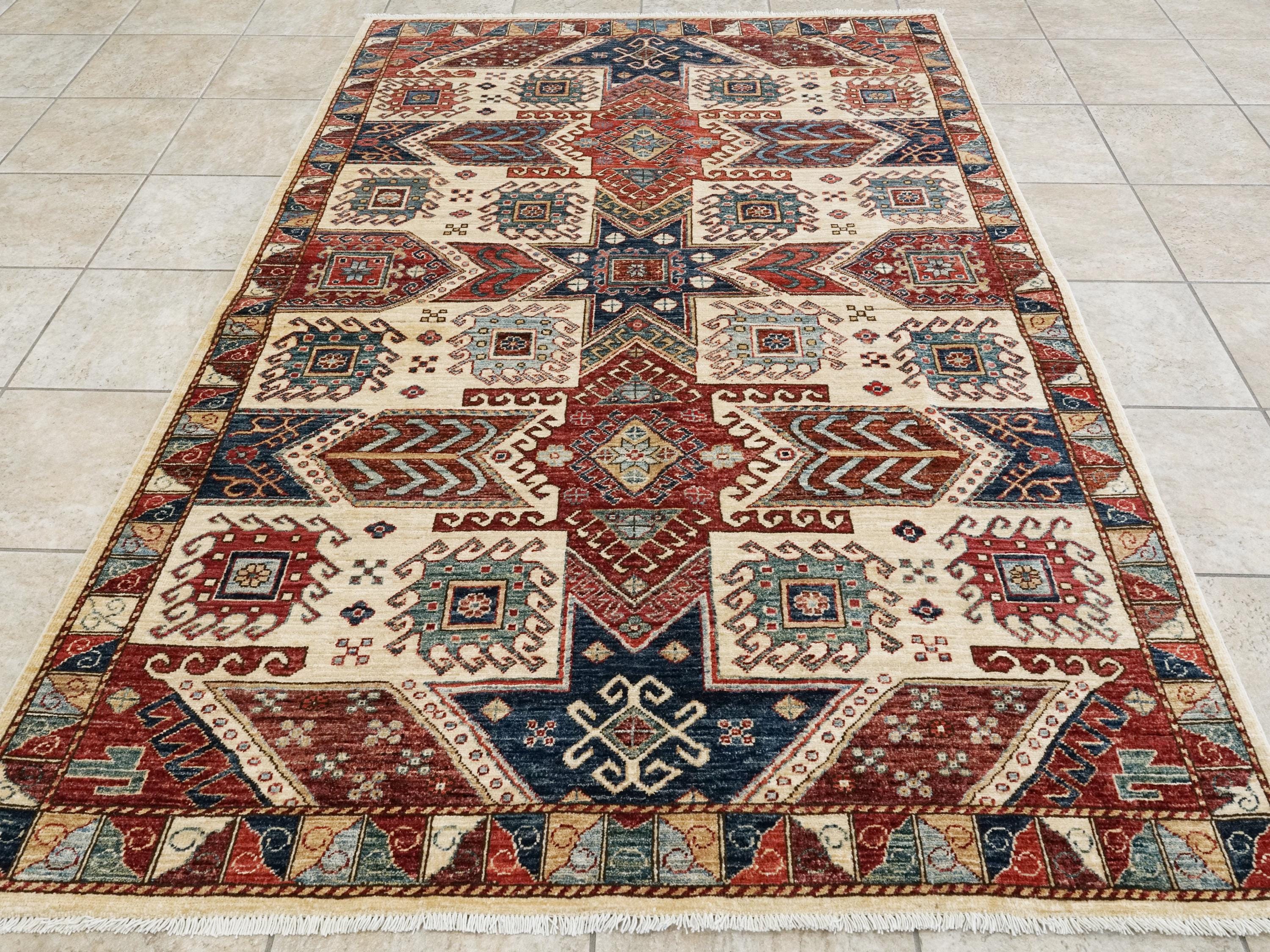 5x8 Ft Red & Beige Heriz Rug - Geometric Oriental Rug