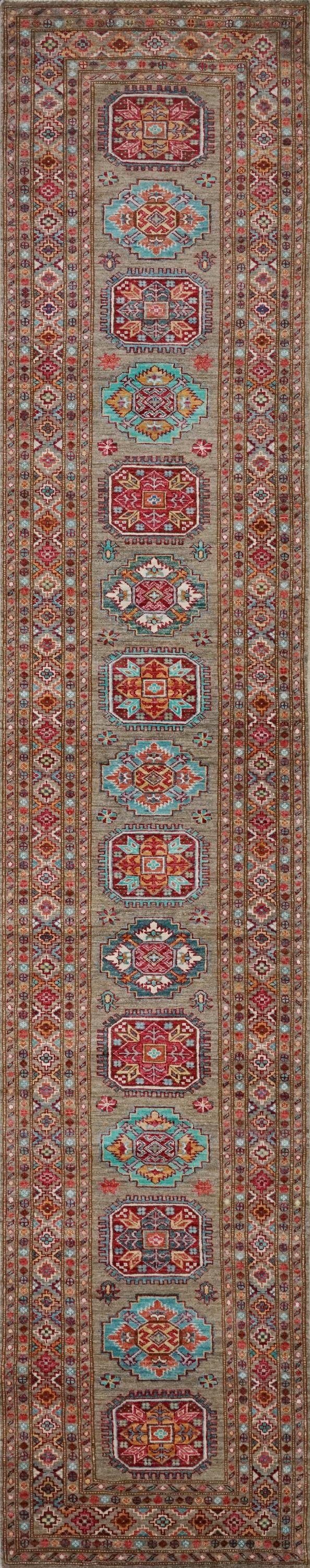 13 Ft Brown Kazak Runner Rug - Handmade Afghan Hallway Rug