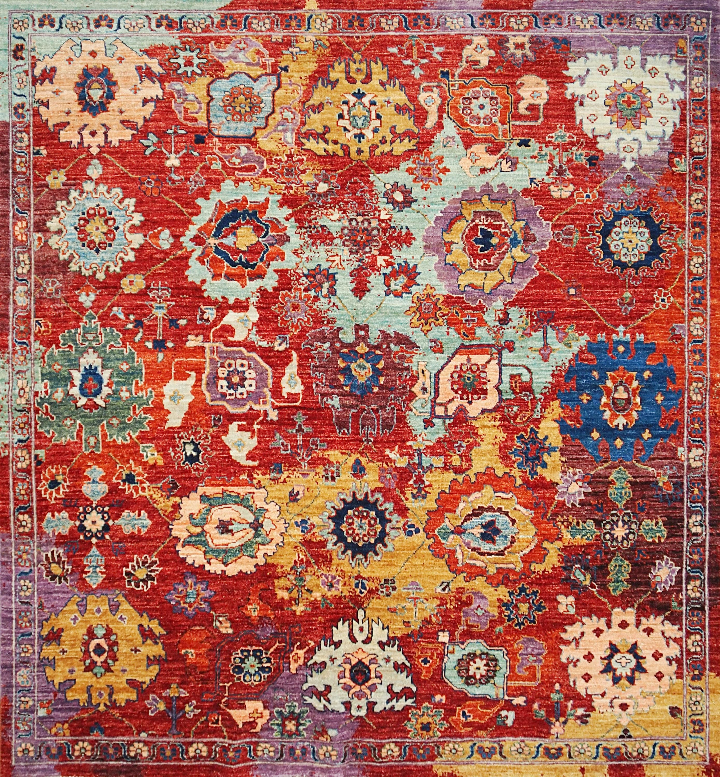 6x6 Ft Colorful Serapi Rug - Oriental Square Rug - Floral Design