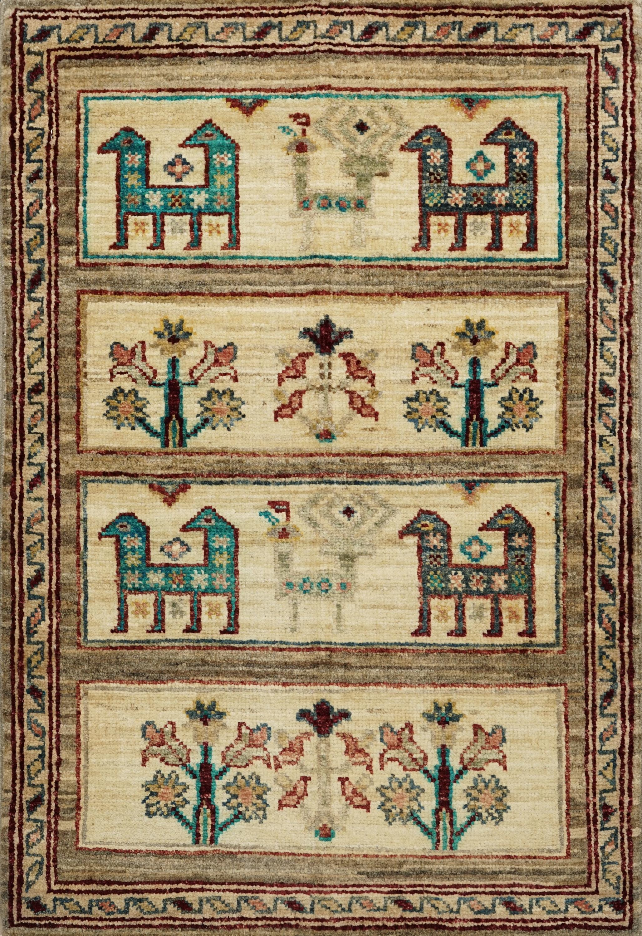 2x3 Ft Hand Knotted Beige Gabbeh Rug - Tribal Area Rug