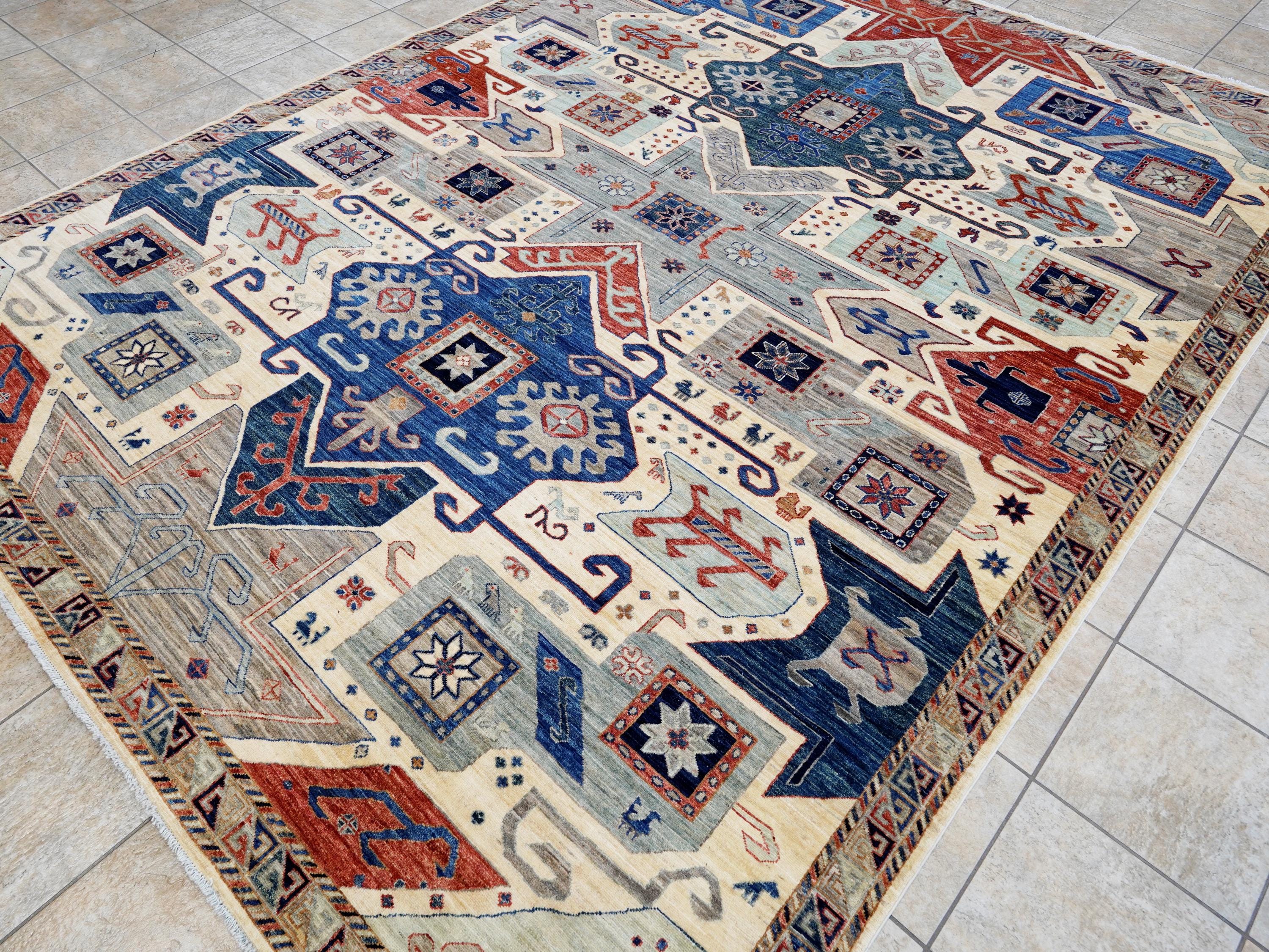 9x12 Ft Beige Heriz Rug - Afghan Oriental Area Rug - Geometric Design