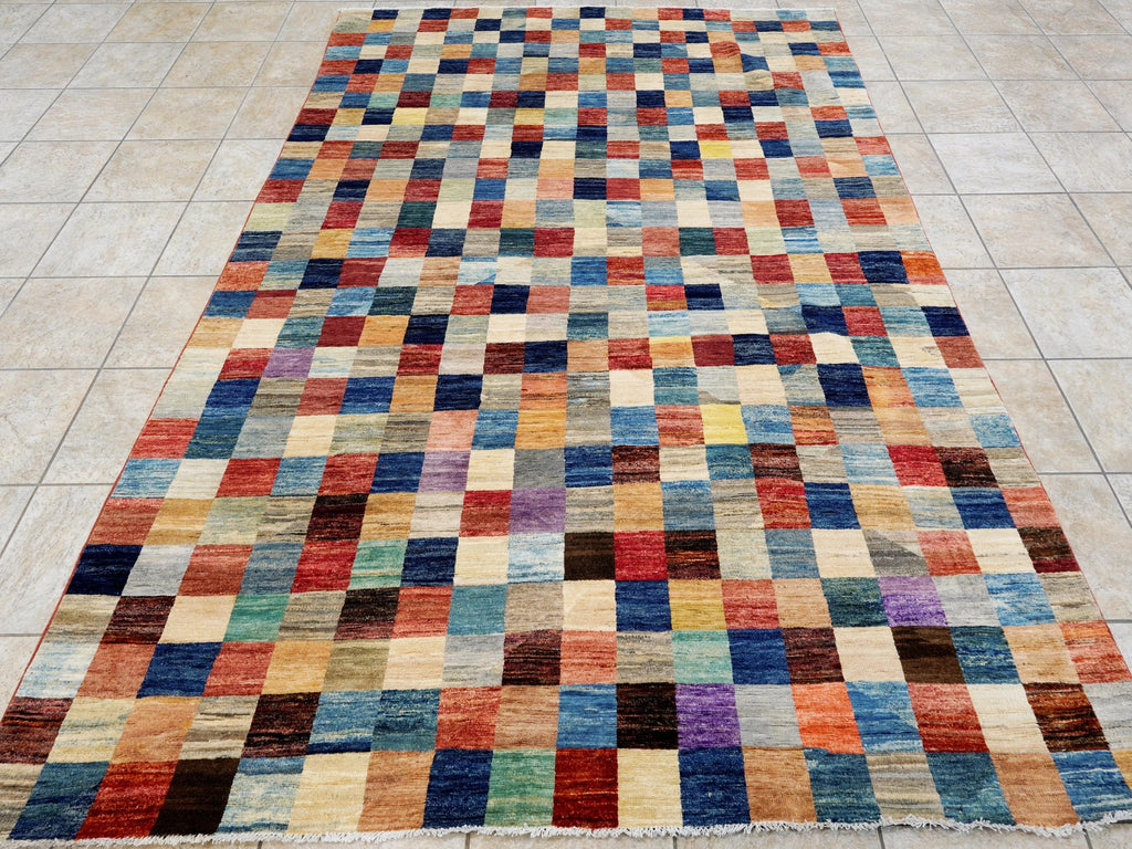 7x10 Multicolor Gabbeh Rug - Afghan Wool Area Rug - Geometric Design
