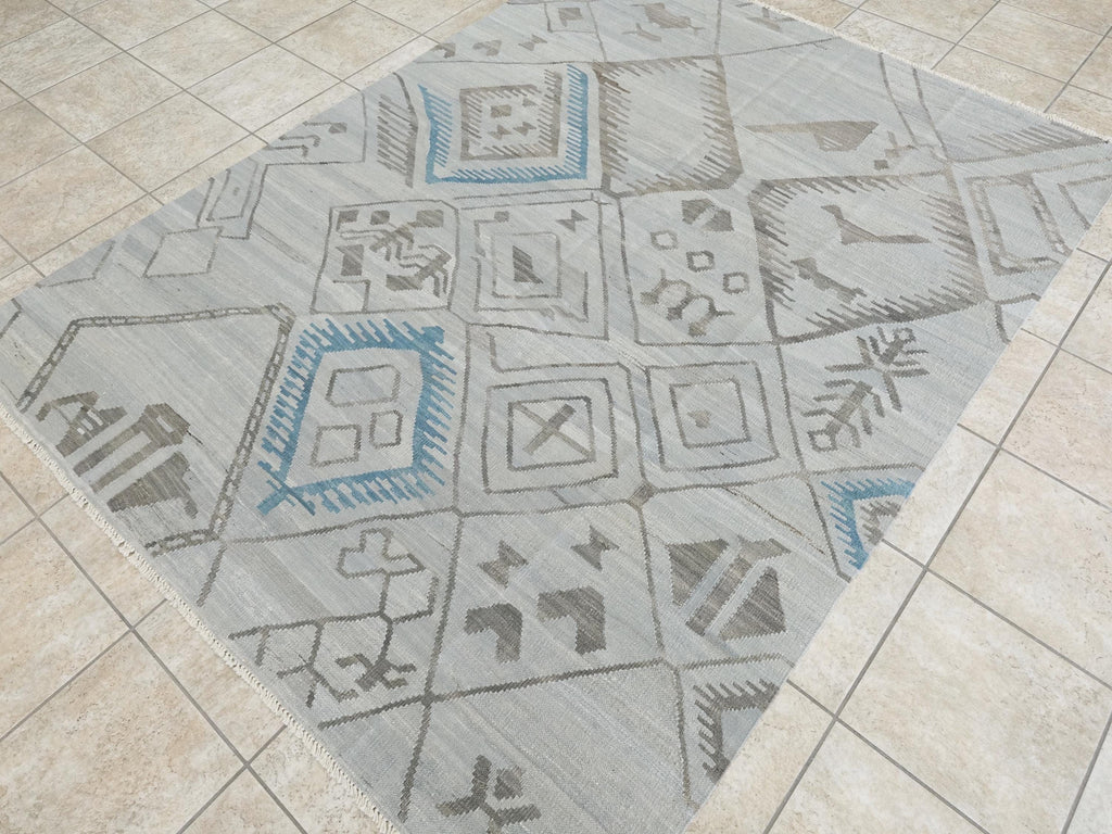 6x8 Ft Gray Kilim Rug - Handwoven Flat Weave
