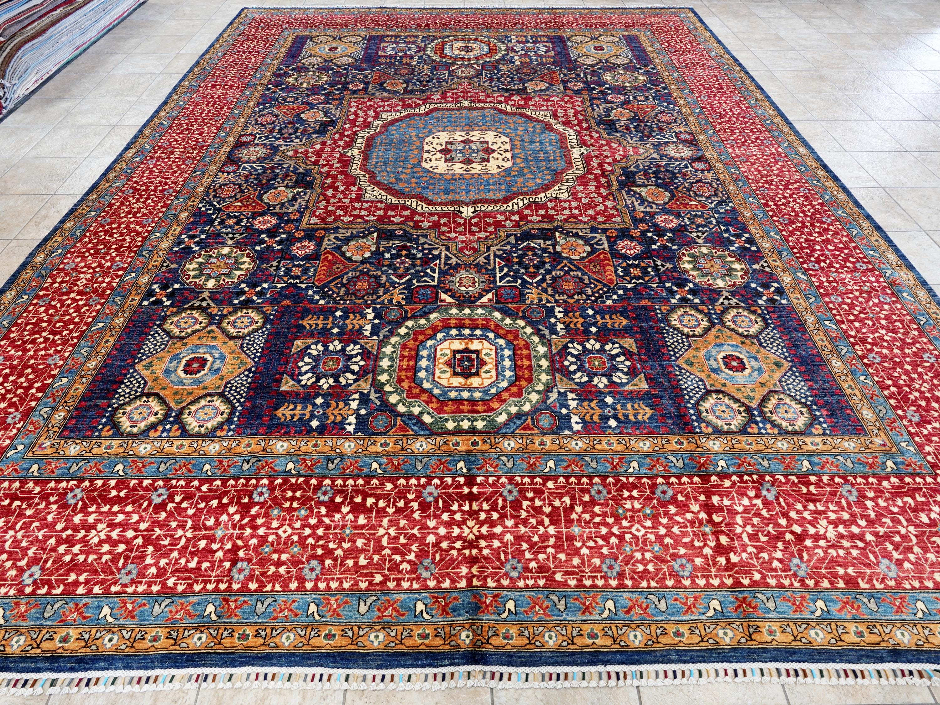 12x15 Ft Red & Blue Mamluk Rug - Handmade Afghan Oriental Rug - Oversize