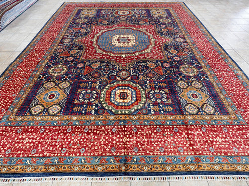 12x15 Ft Red & Blue Mamluk Rug - Handmade Afghan Oriental Rug - Oversize