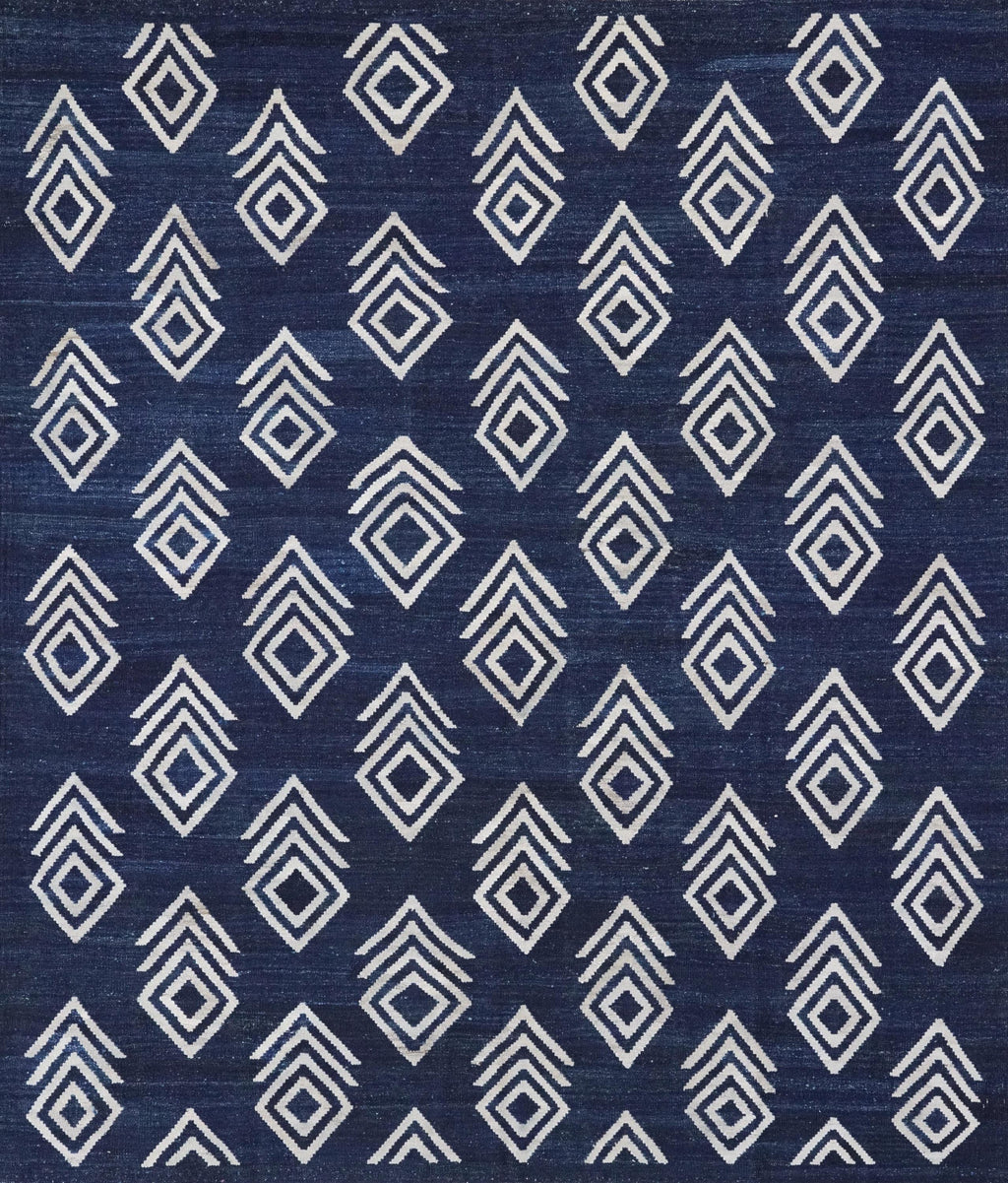 8x10 Ft Dark Blue Kilim Rug - Flat Weave Area Rug - Abstract Design